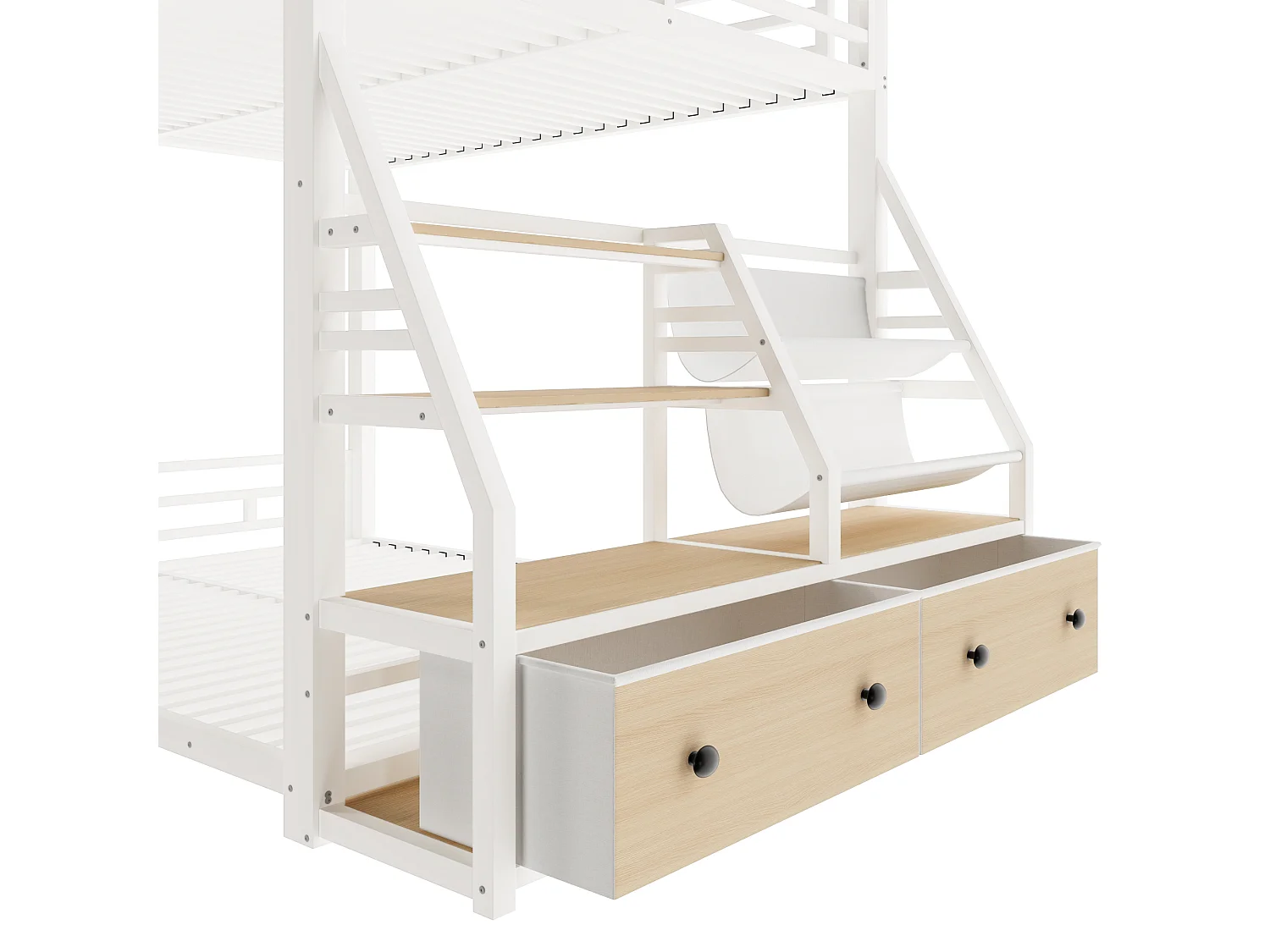 Lit superposé en métal 140x200cm - LED et 2 tiroirs en tissu - Étagères de rangement - Barrière de sécurité - Blanc