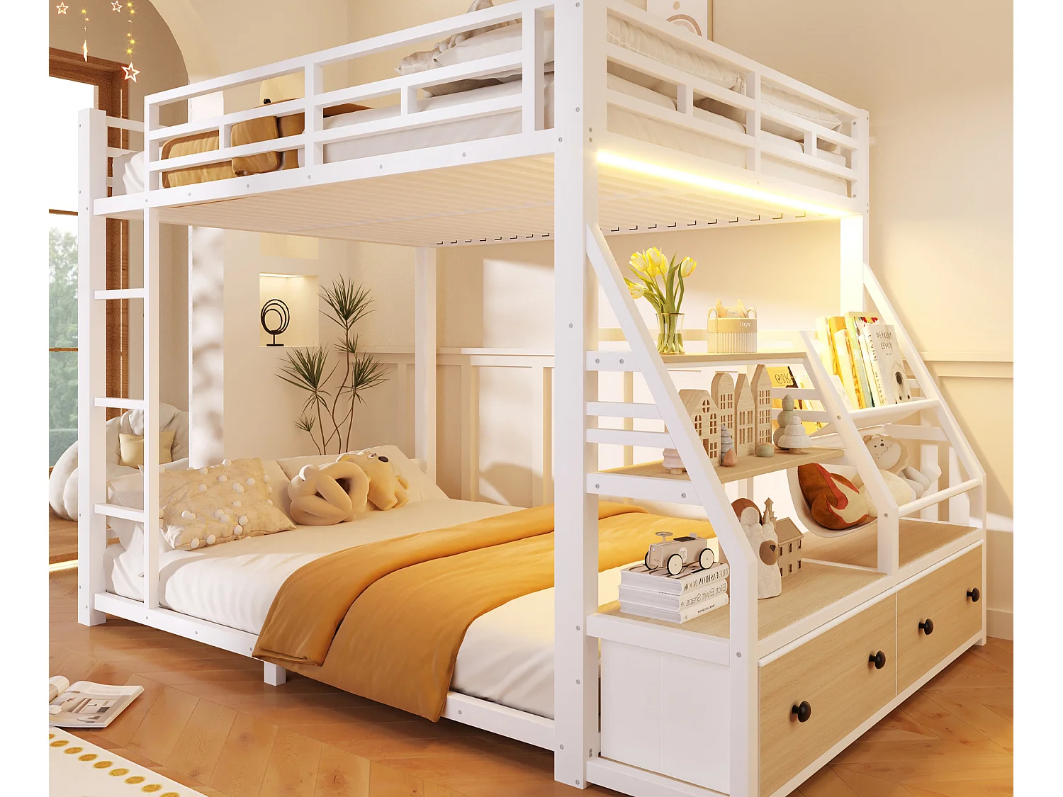 Lit superposé en métal 140x200cm - LED et 2 tiroirs en tissu - Étagères de rangement - Barrière de sécurité - Blanc