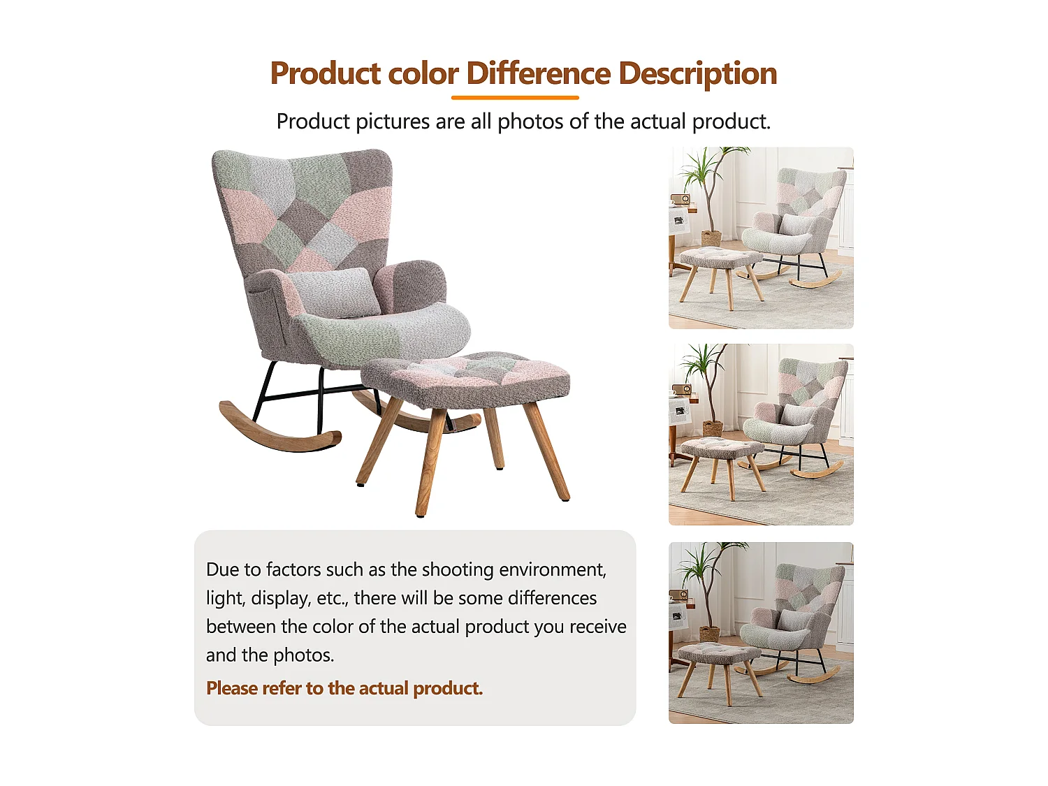 Rocking chair in bouclé fabric - with lumbar cushion and footrest - Multicolor