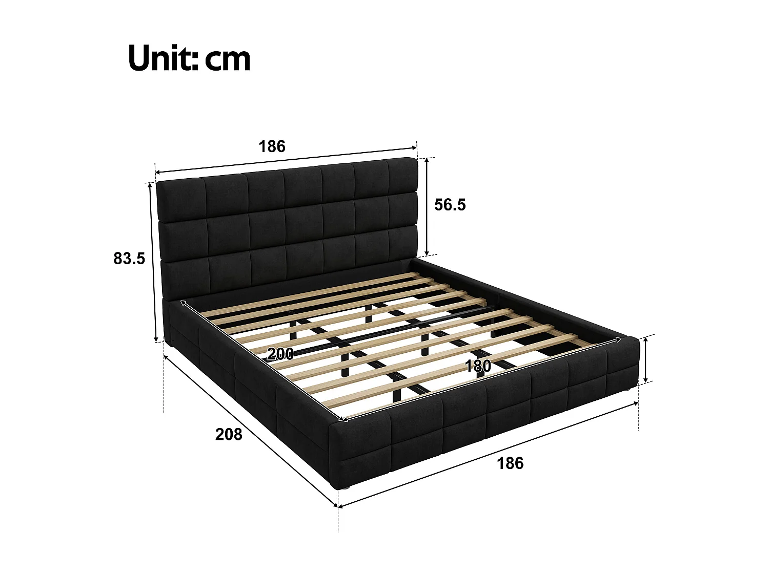 Upholstered Double Bed 180x200 cm - with Button-Tufted Headboard - with Slatted Base - MDF + Velvet - Black (Mattress not included)