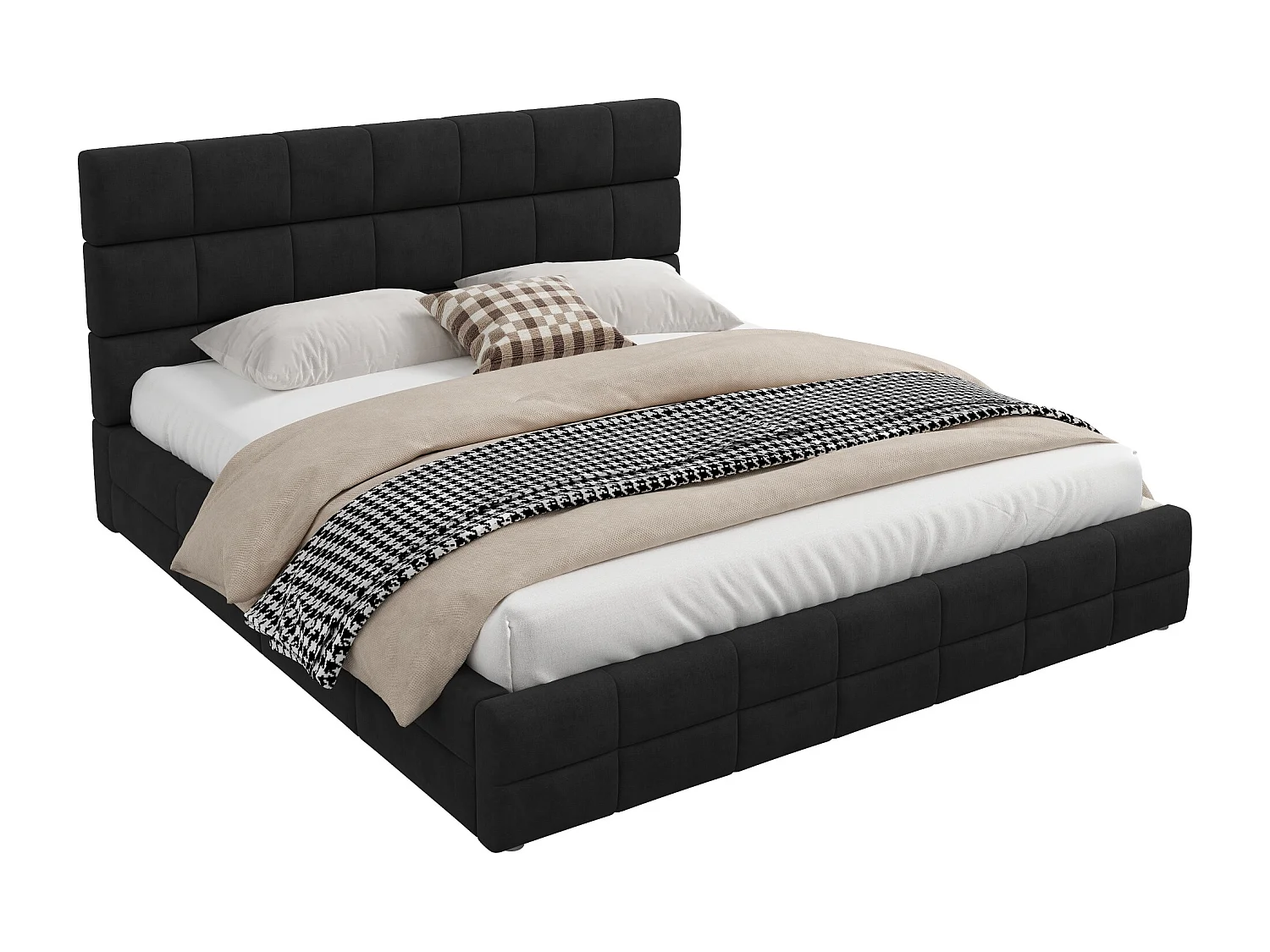 Upholstered Double Bed 180x200 cm - with Button-Tufted Headboard - with Slatted Base - MDF + Velvet - Black (Mattress not included)