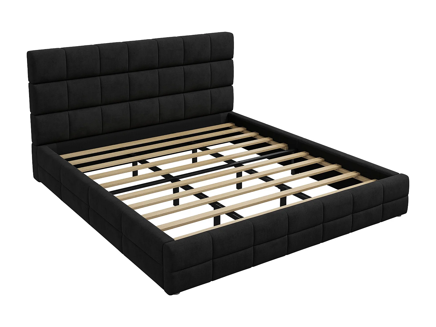 Upholstered Double Bed 180x200 cm - with Button-Tufted Headboard - with Slatted Base - MDF + Velvet - Black (Mattress not included)