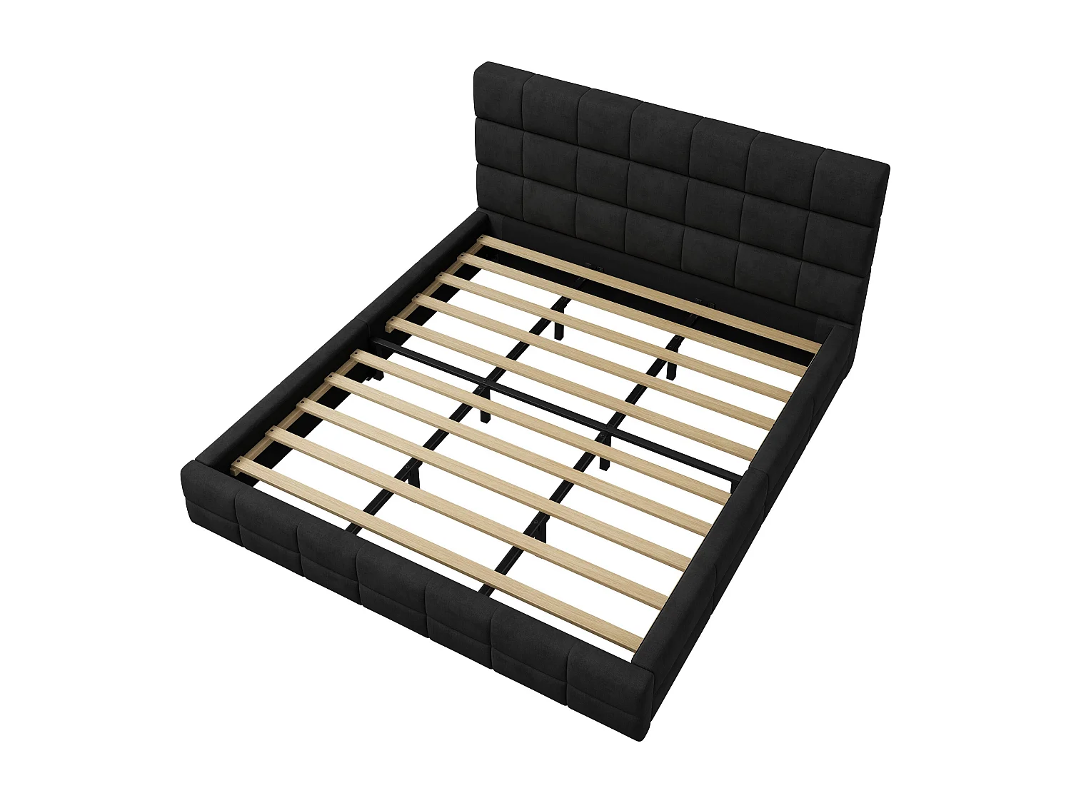 Upholstered Double Bed 180x200 cm - with Button-Tufted Headboard - with Slatted Base - MDF + Velvet - Black (Mattress not included)