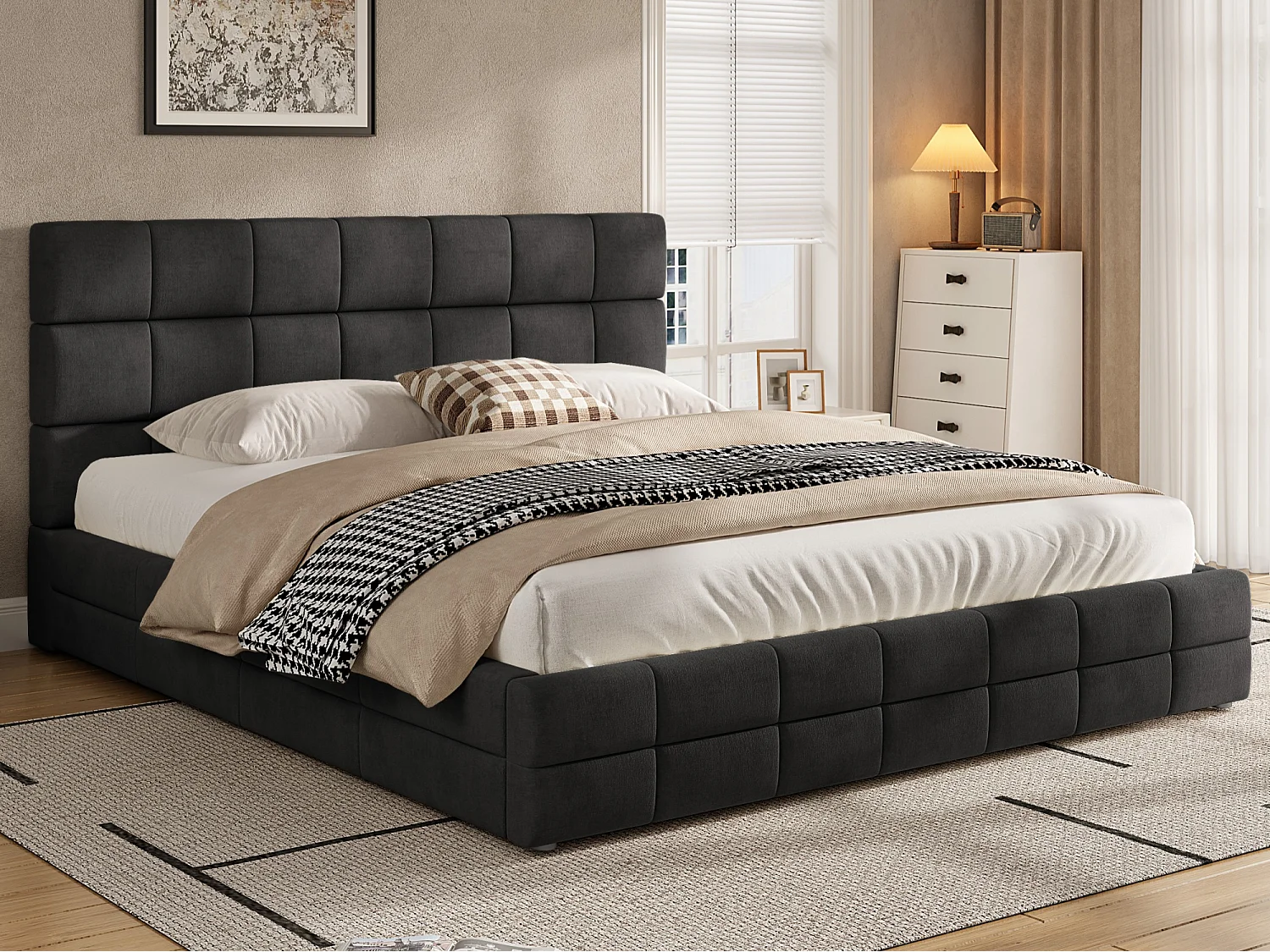 Upholstered Double Bed 180x200 cm - with Button-Tufted Headboard - with Slatted Base - MDF + Velvet - Black (Mattress not included)