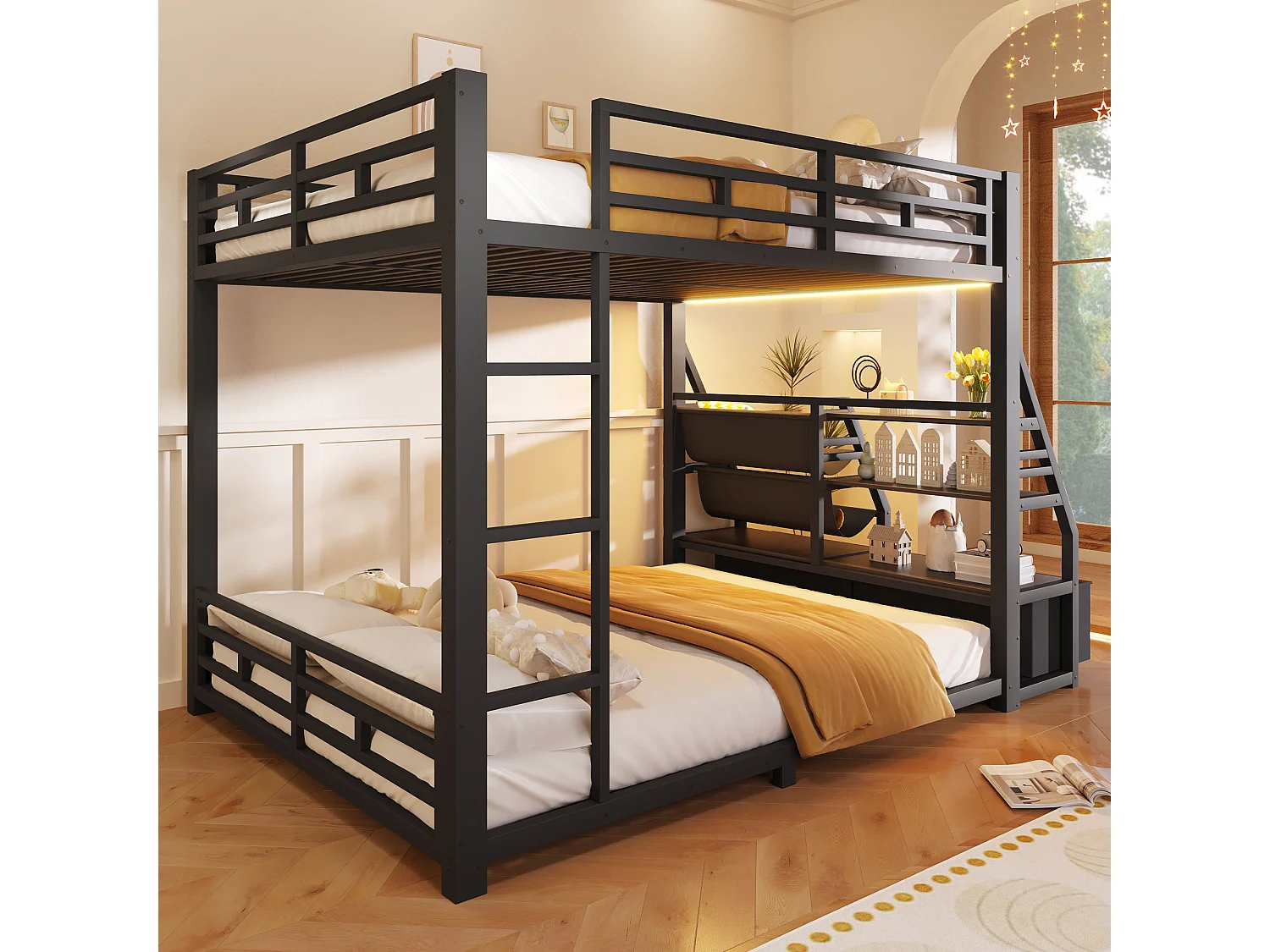 Metall-Etagenbett 140x200 cm - LED und 2 Stoffschubladen - Aufbewahrungsregale - Sicherheitsgeländer - Schwarz
