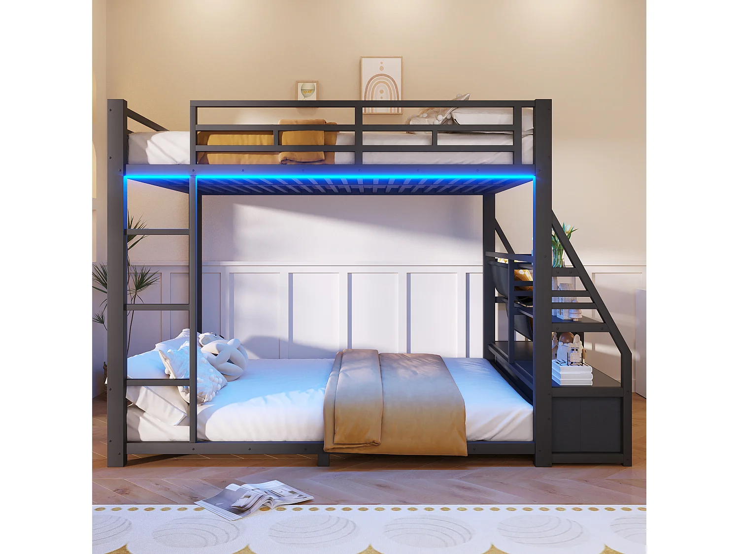 Metall-Etagenbett 140x200 cm - LED und 2 Stoffschubladen - Aufbewahrungsregale - Sicherheitsgeländer - Schwarz