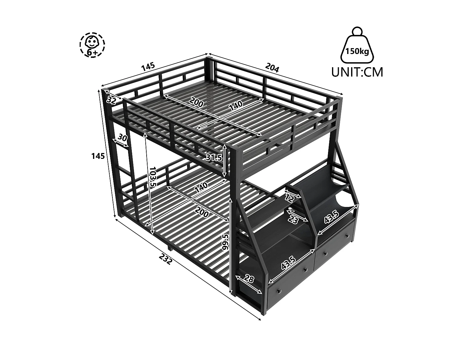 Metall-Etagenbett 140x200 cm - LED und 2 Stoffschubladen - Aufbewahrungsregale - Sicherheitsgeländer - Schwarz