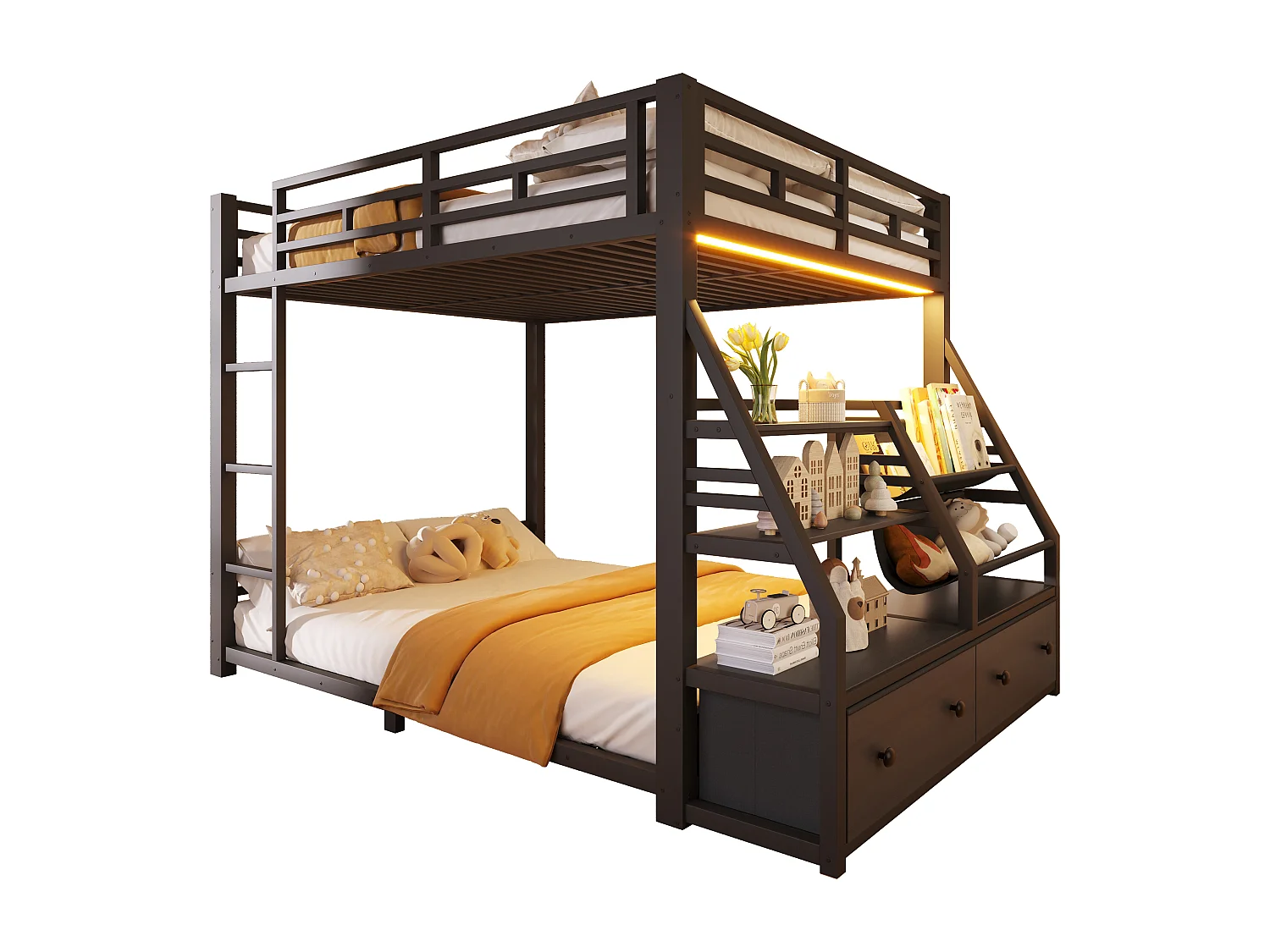 Metall-Etagenbett 140x200 cm - LED und 2 Stoffschubladen - Aufbewahrungsregale - Sicherheitsgeländer - Schwarz