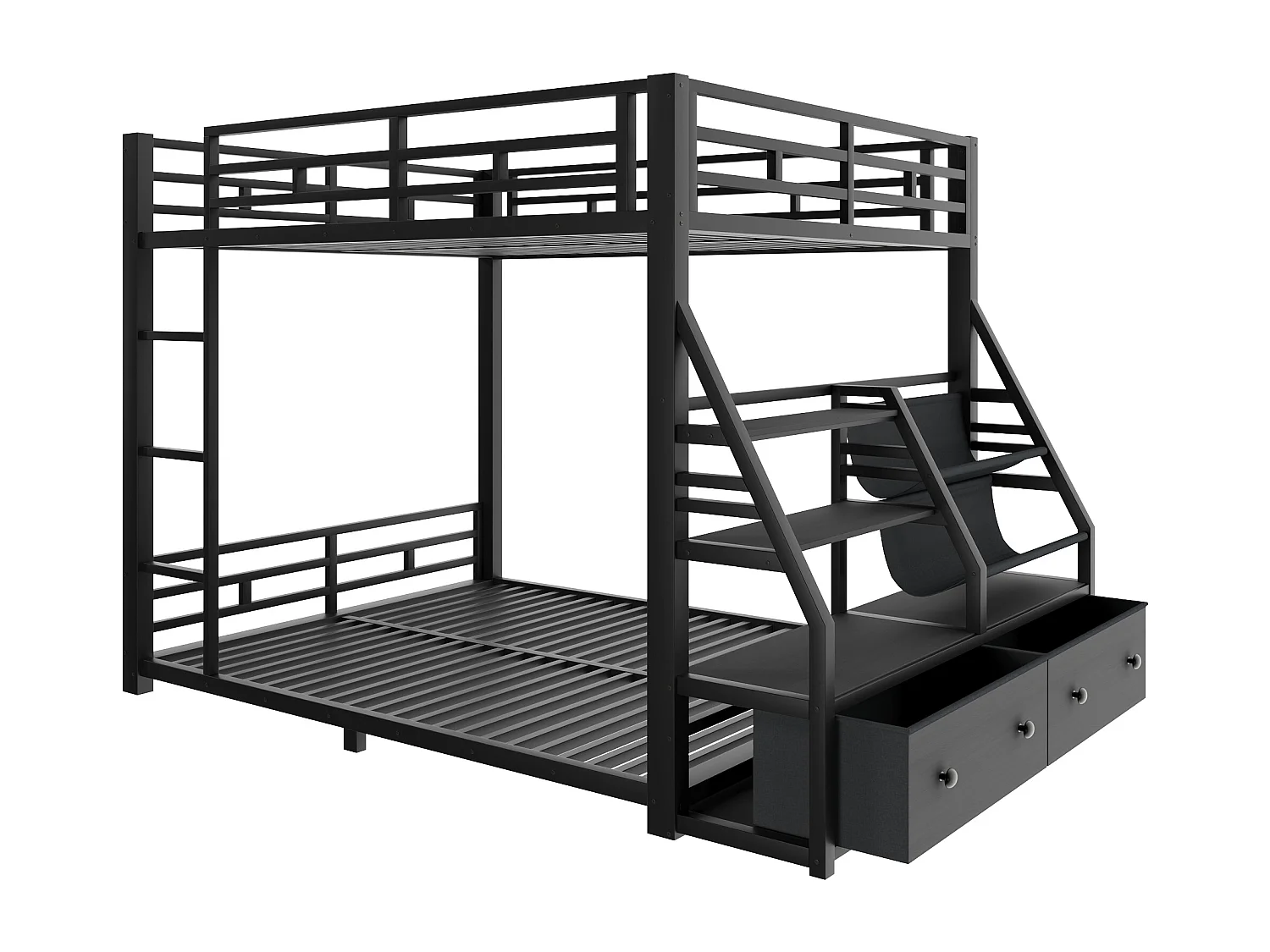 Metall-Etagenbett 140x200 cm - LED und 2 Stoffschubladen - Aufbewahrungsregale - Sicherheitsgeländer - Schwarz