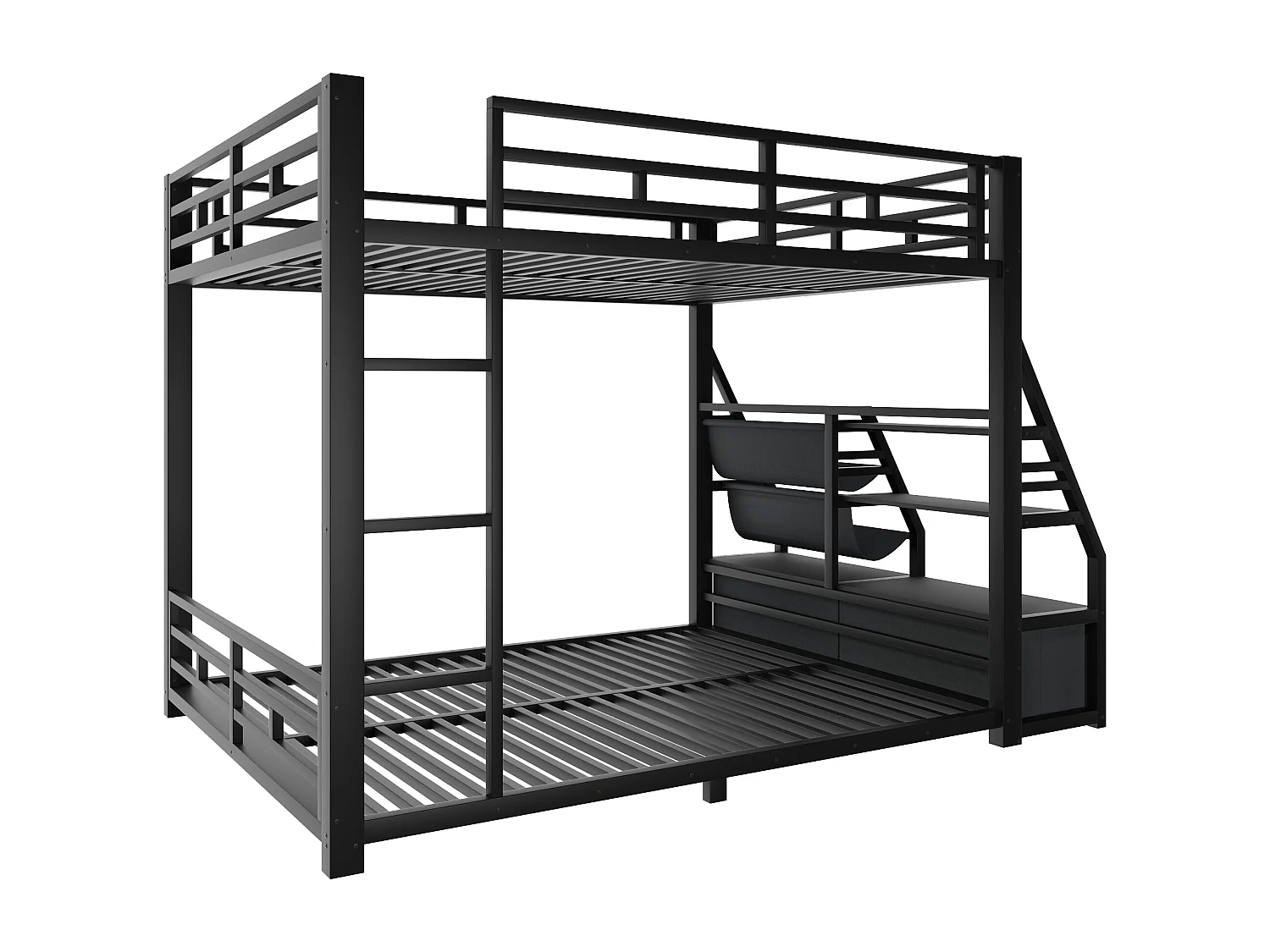 Metall-Etagenbett 140x200 cm - LED und 2 Stoffschubladen - Aufbewahrungsregale - Sicherheitsgeländer - Schwarz