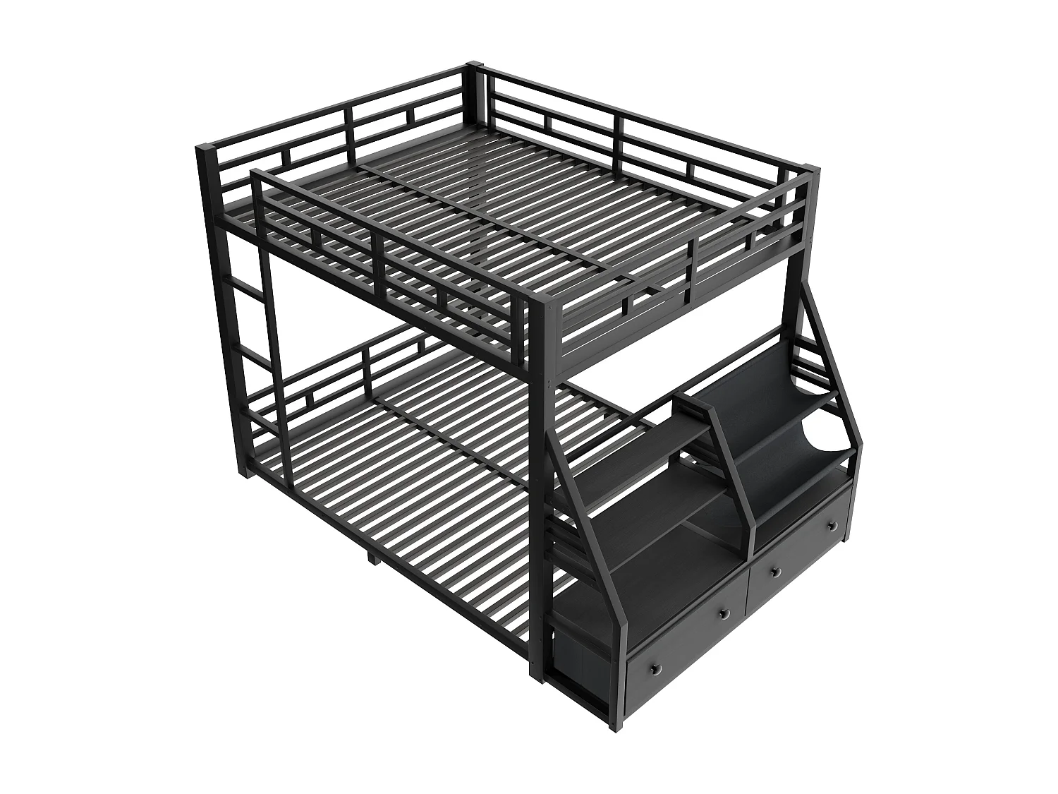 Metall-Etagenbett 140x200 cm - LED und 2 Stoffschubladen - Aufbewahrungsregale - Sicherheitsgeländer - Schwarz