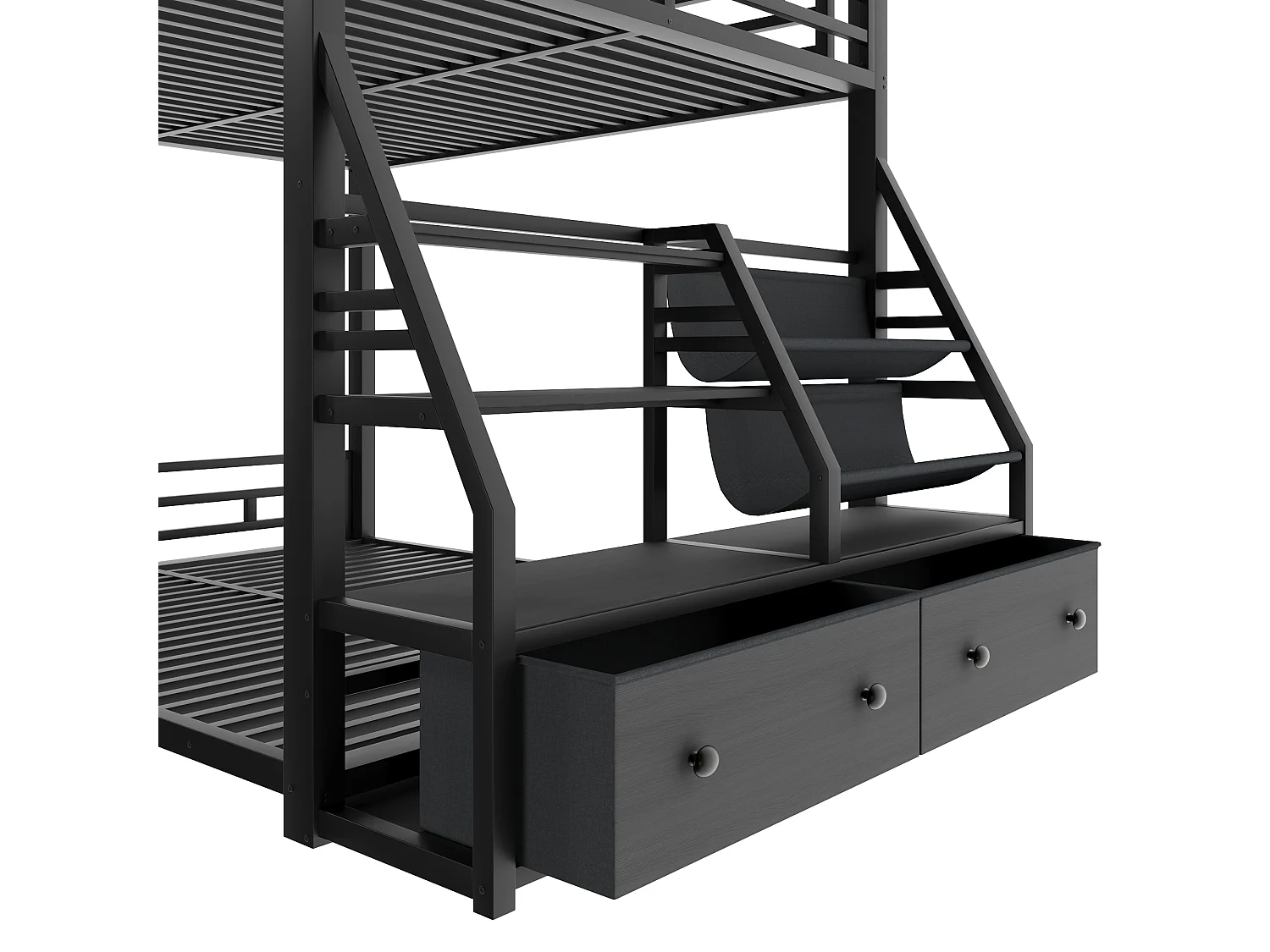 Metall-Etagenbett 140x200 cm - LED und 2 Stoffschubladen - Aufbewahrungsregale - Sicherheitsgeländer - Schwarz