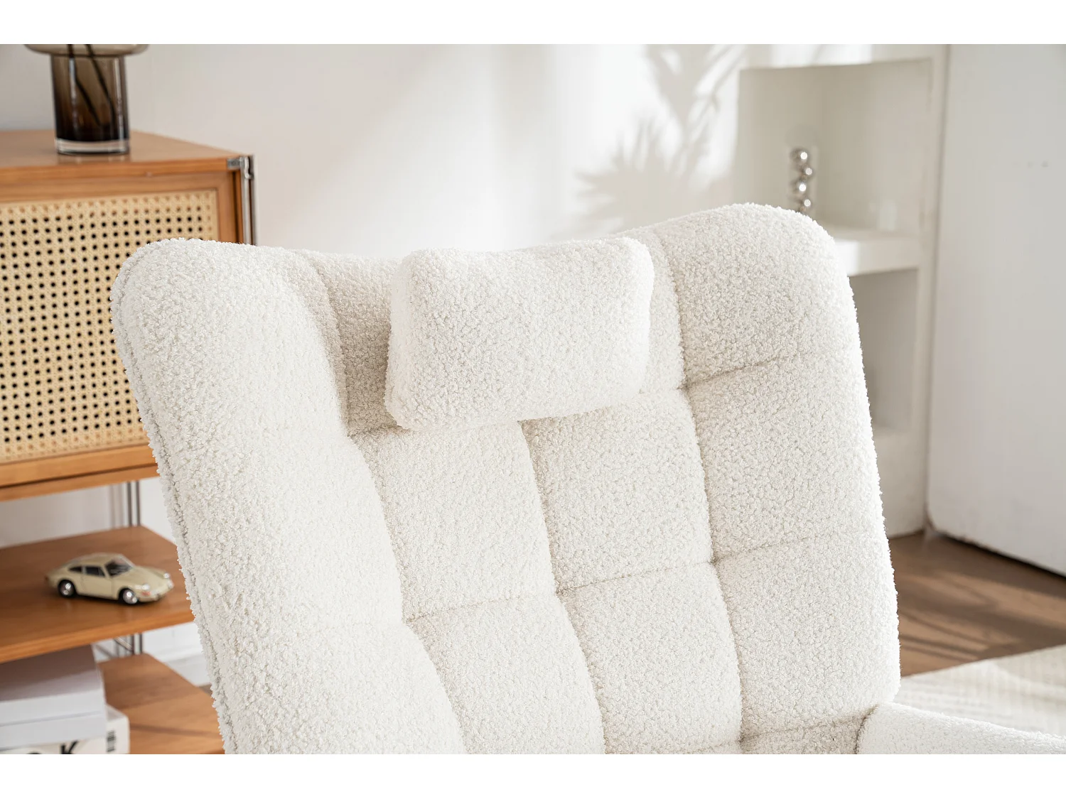 Rocking chair in bouclé fabric - with pillow and footrest - White