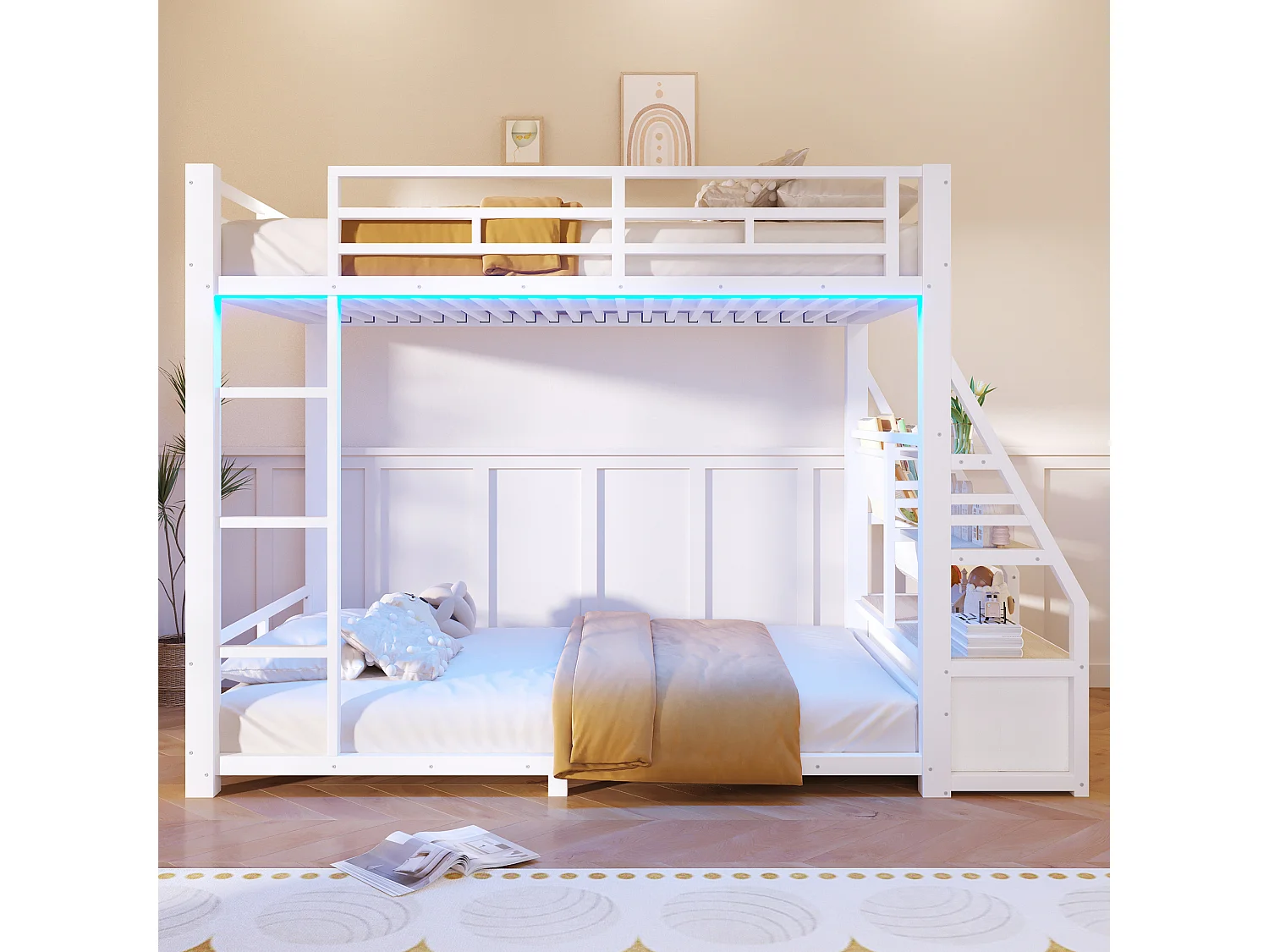 Metalen stapelbed 90x200 cm - LED en 2 stoffen lades - opbergplanken - veiligheidsrail - wit