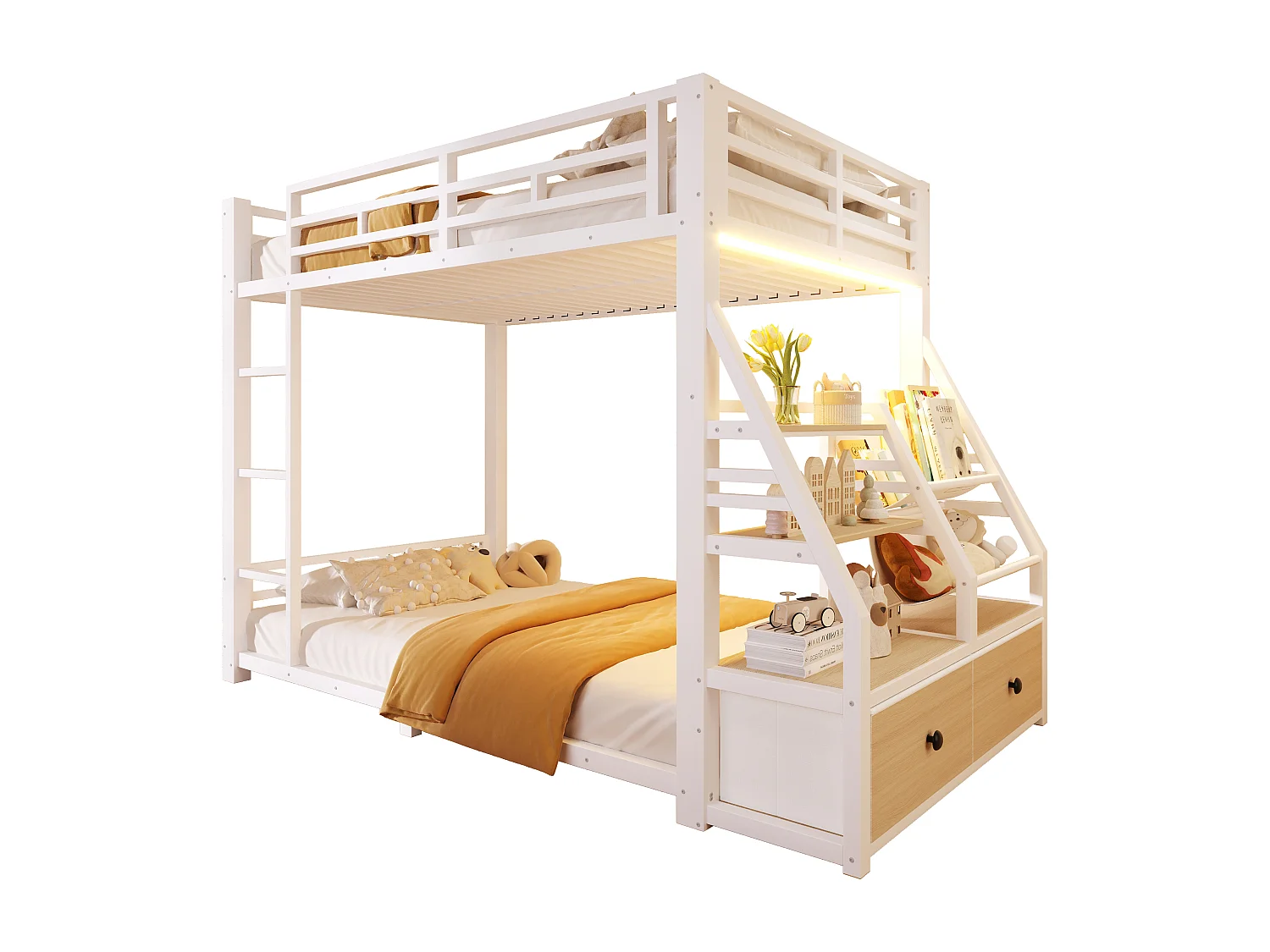 Metalen stapelbed 90x200 cm - LED en 2 stoffen lades - opbergplanken - veiligheidsrail - wit