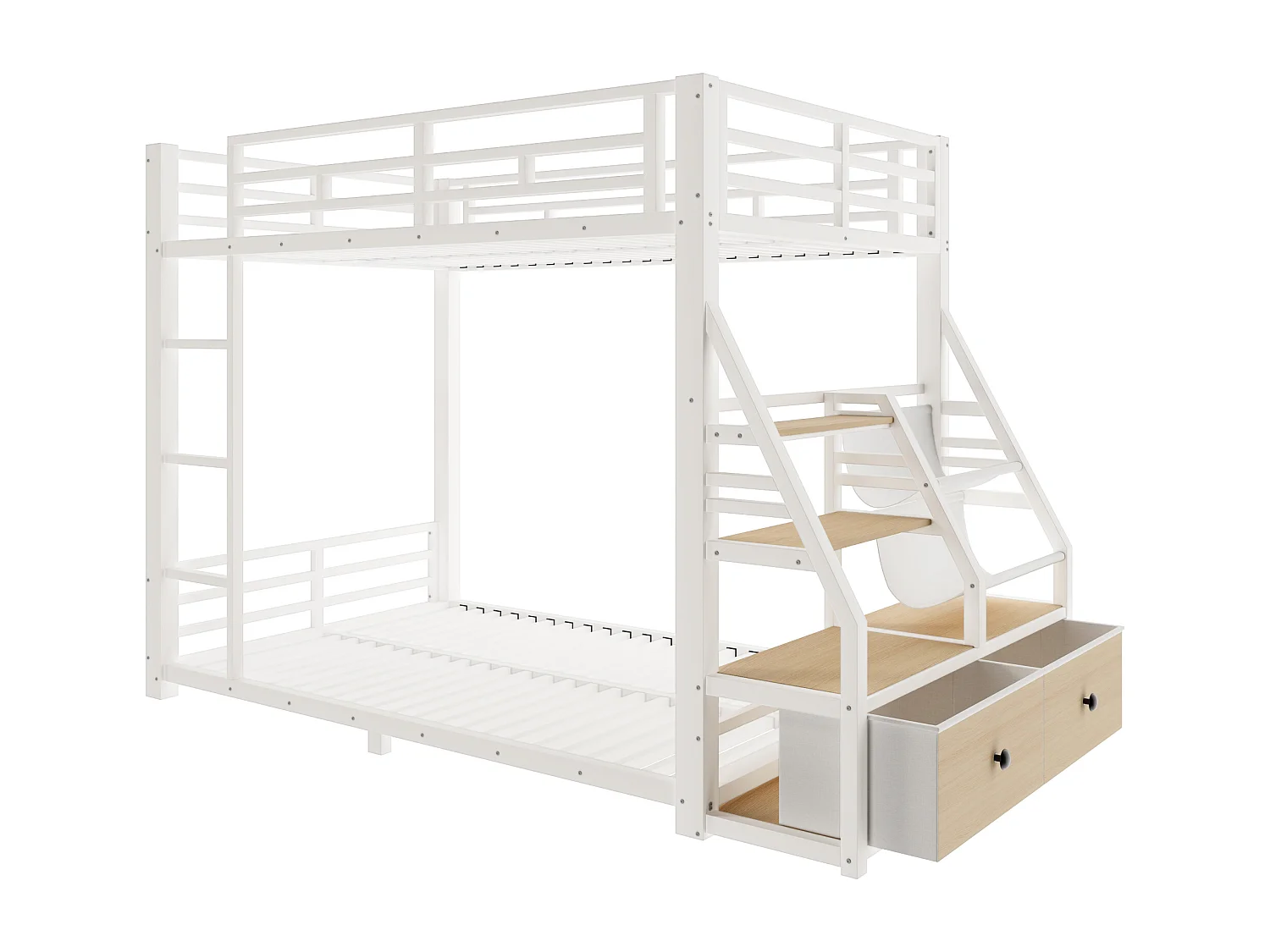 Metalen stapelbed 90x200 cm - LED en 2 stoffen lades - opbergplanken - veiligheidsrail - wit