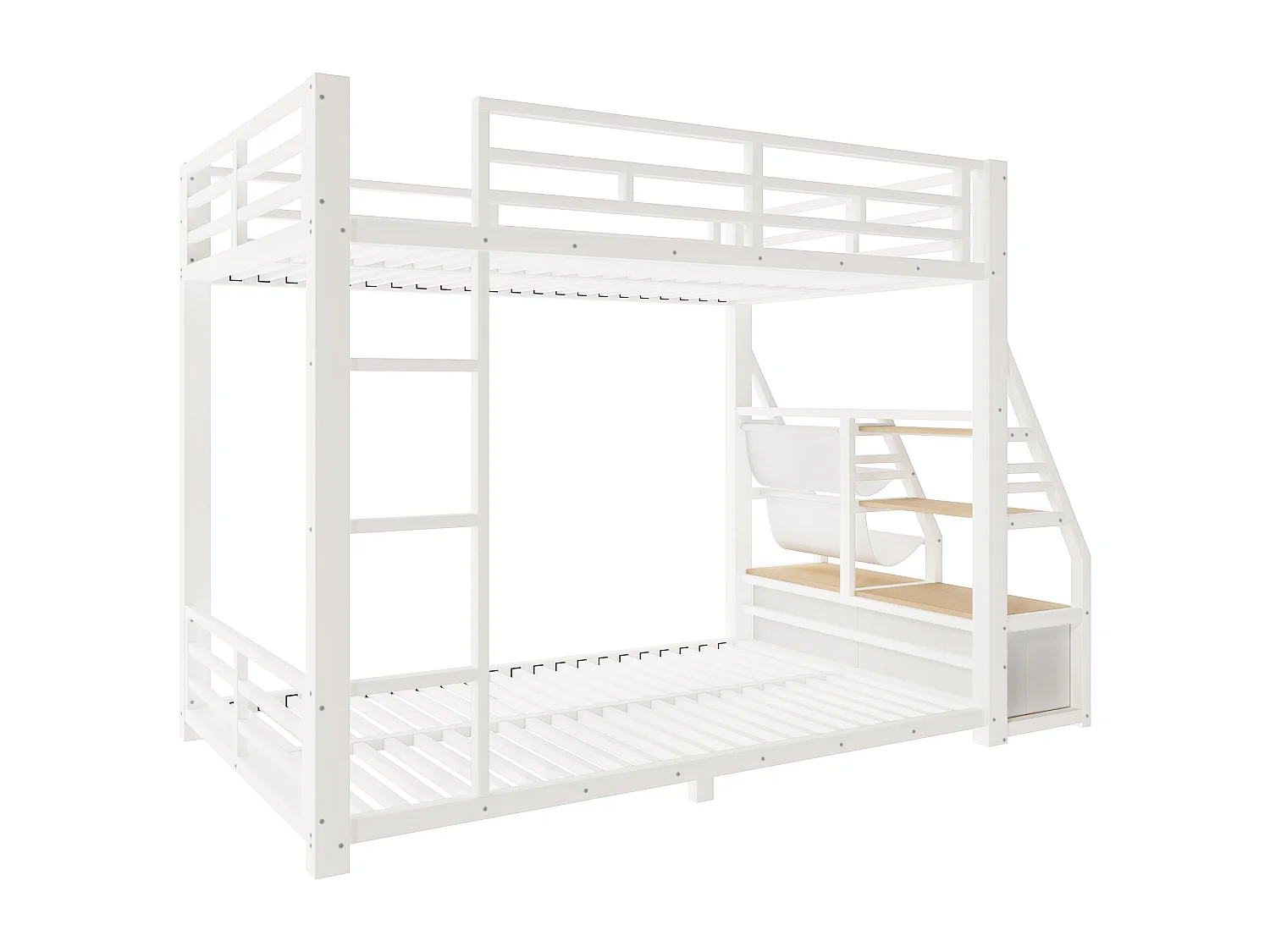 Metalen stapelbed 90x200 cm - LED en 2 stoffen lades - opbergplanken - veiligheidsrail - wit