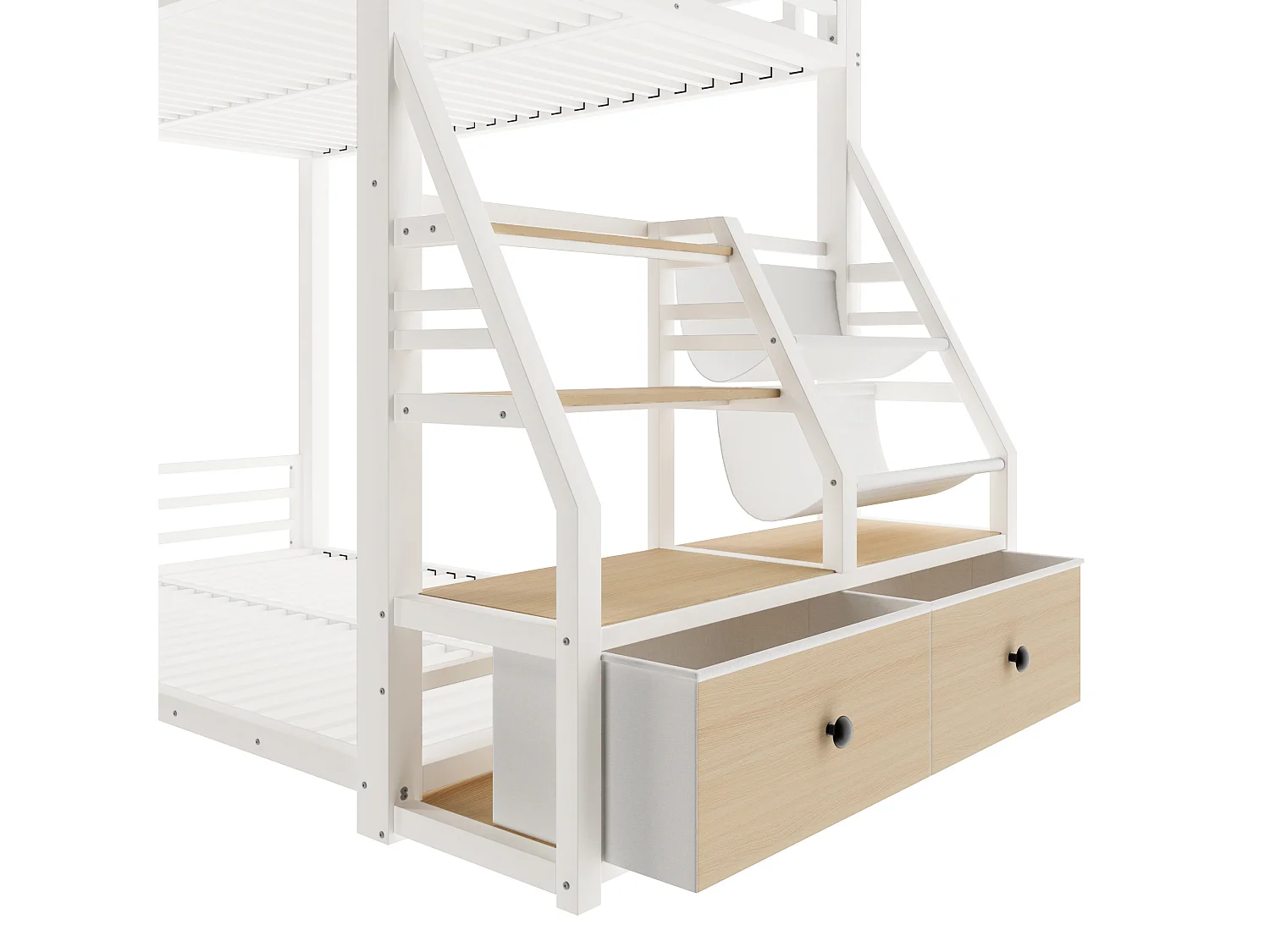 Metalen stapelbed 90x200 cm - LED en 2 stoffen lades - opbergplanken - veiligheidsrail - wit