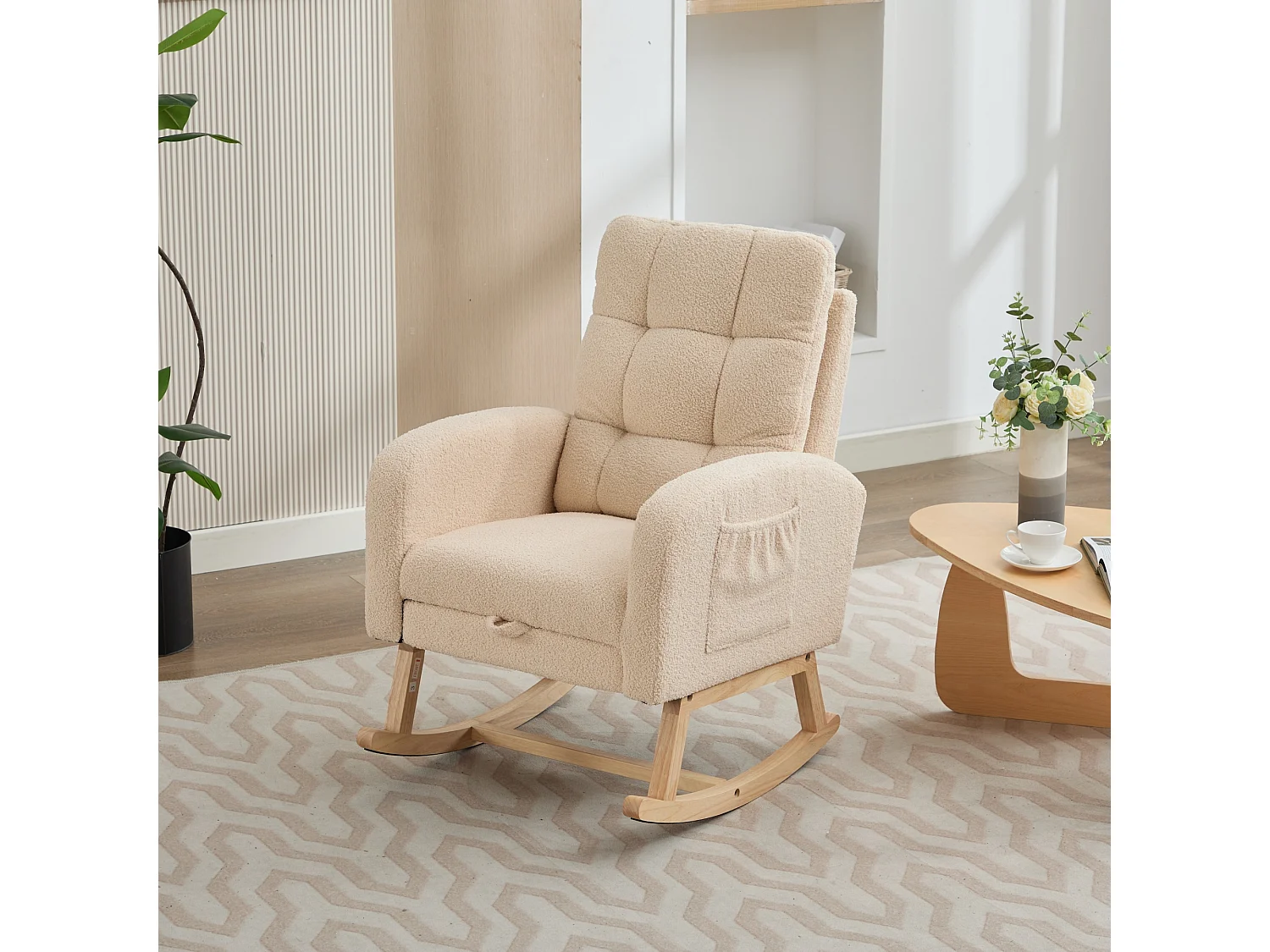 Rocking chair 132x50x99 cm - Solid wood frame - Velvet - Beige