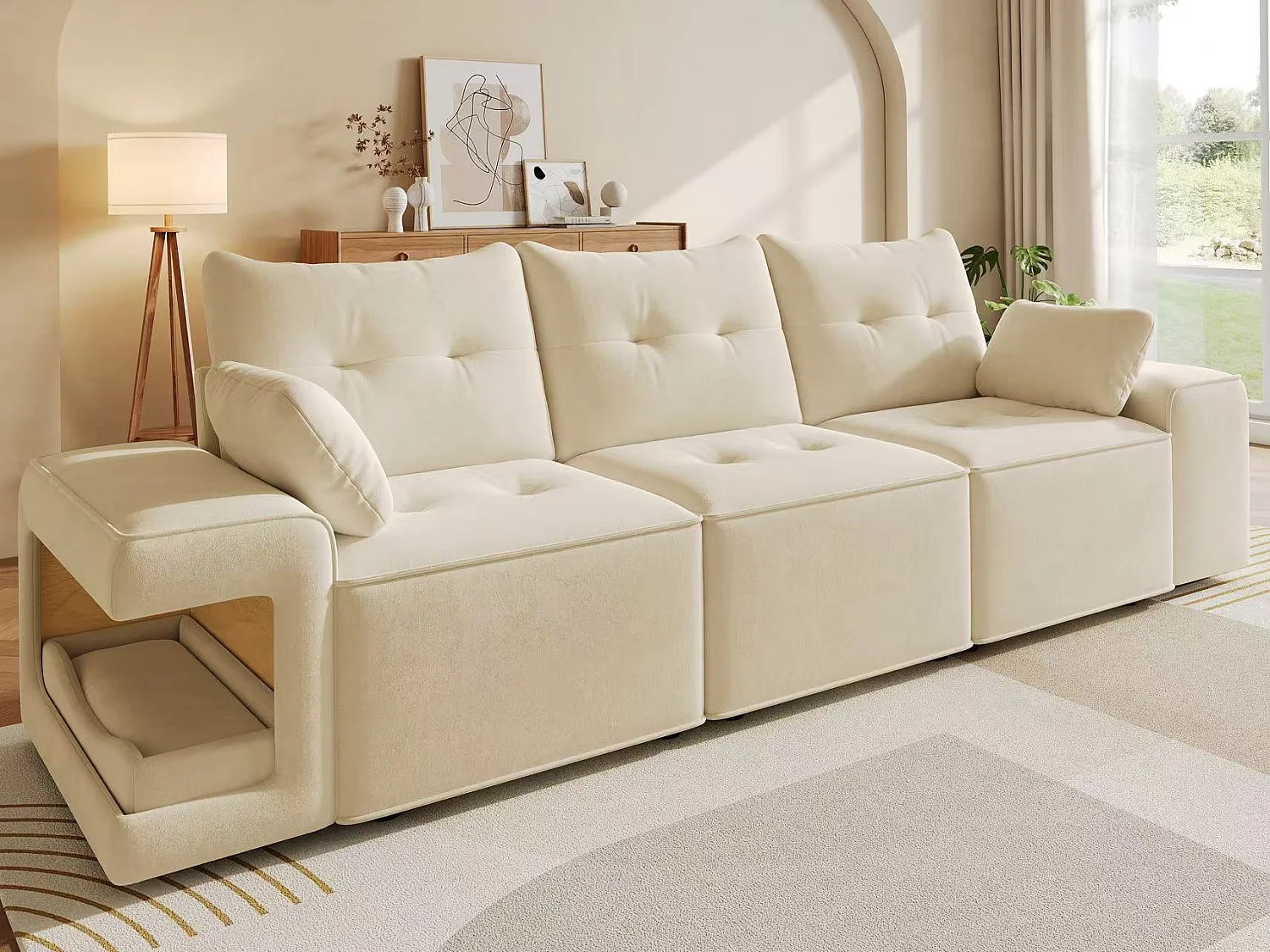 Canapé 3 places moderne - larges accoudoirs - espace de rangement intégré - livré avec deux coussins - Velours - beige