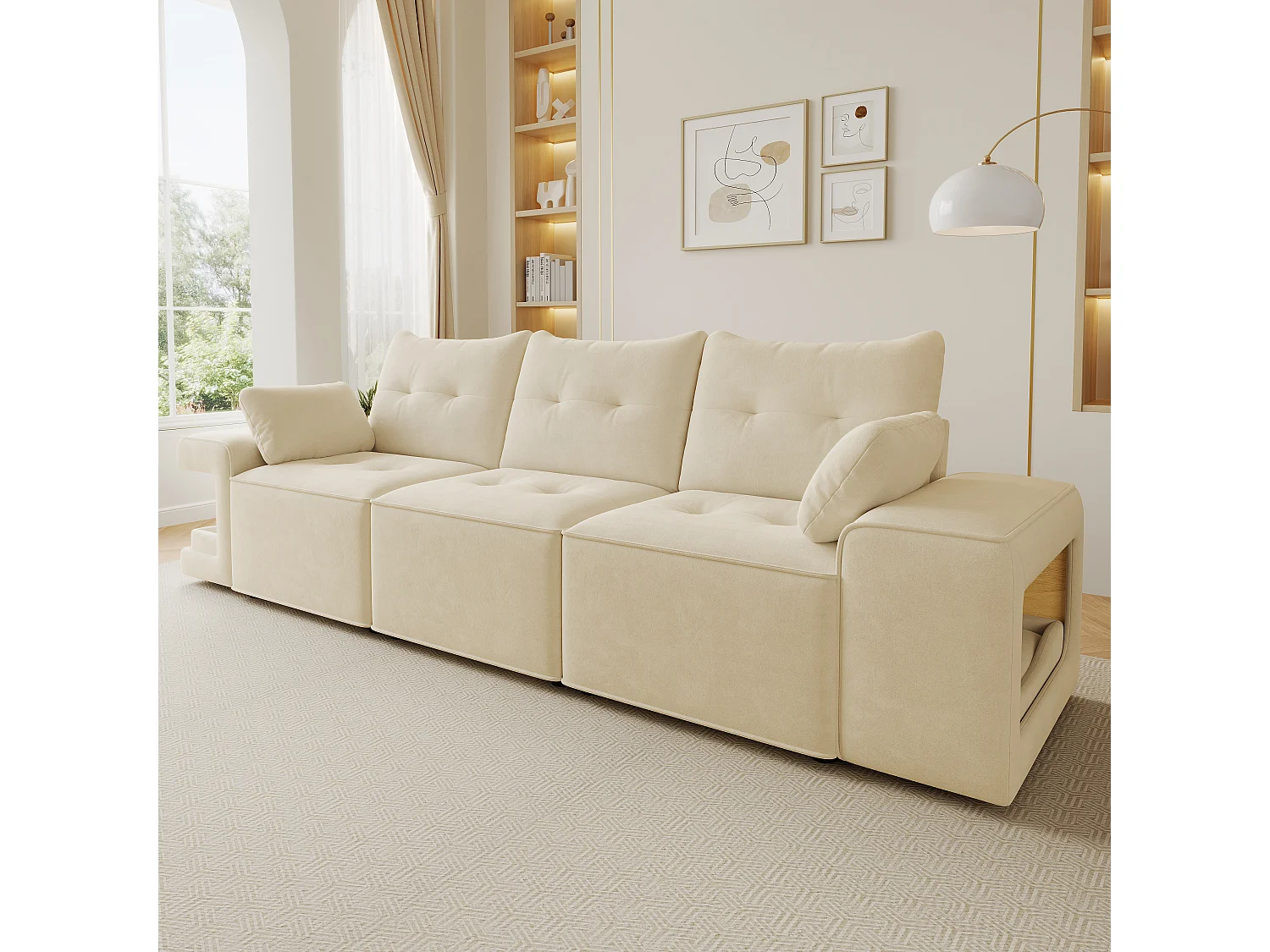 Canapé 3 places moderne - larges accoudoirs - espace de rangement intégré - livré avec deux coussins - Velours - beige