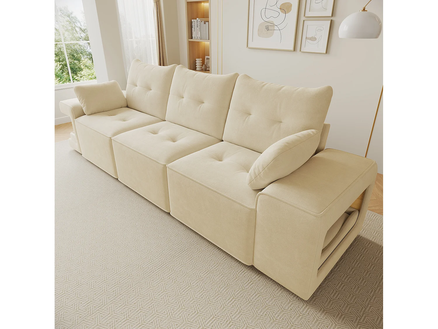 Canapé 3 places moderne - larges accoudoirs - espace de rangement intégré - livré avec deux coussins - Velours - beige