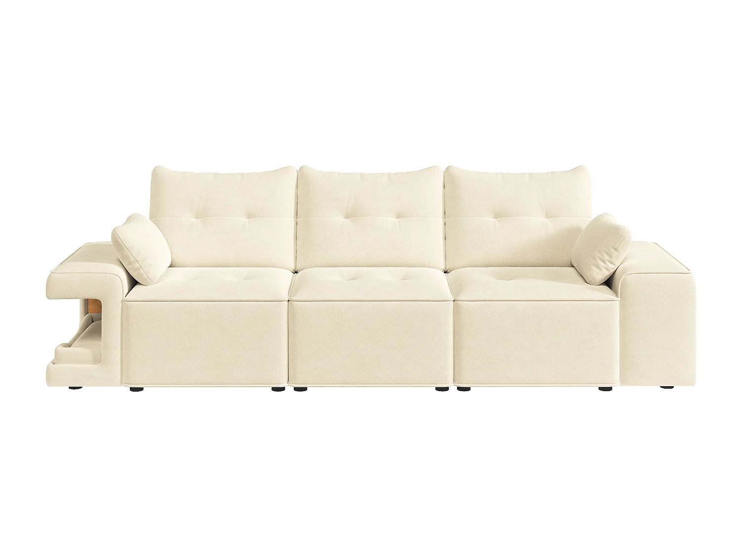 Canapé 3 places moderne - larges accoudoirs - espace de rangement intégré - livré avec deux coussins - Velours - beige