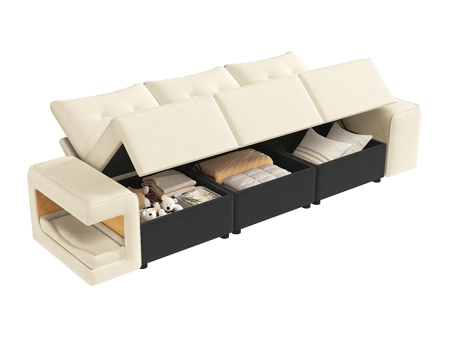 Canapé 3 places moderne - larges accoudoirs - espace de rangement intégré - livré avec deux coussins - Velours - beige