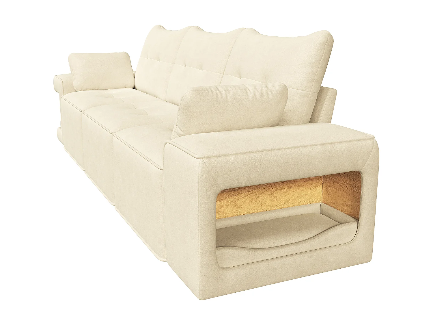 Canapé 3 places moderne - larges accoudoirs - espace de rangement intégré - livré avec deux coussins - Velours - beige