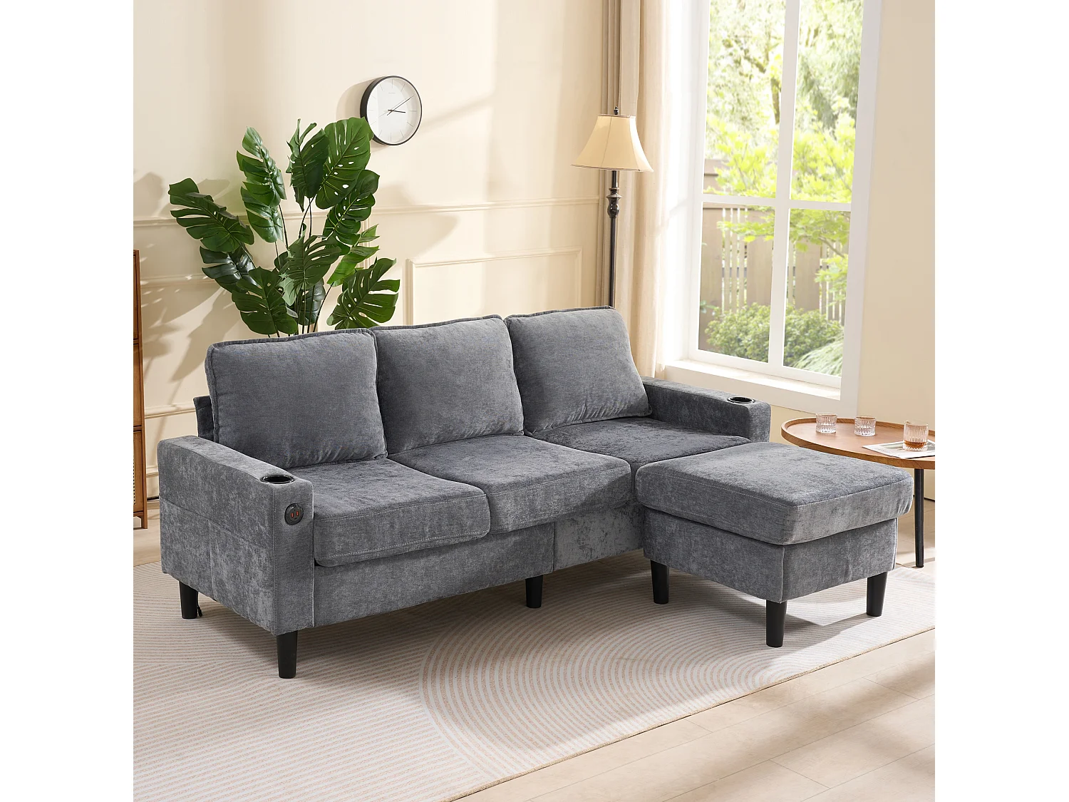 Upholstered 3-Seater Sofa - with USB and Type-C Ports - with Two Cup Holders - L-Shaped Sofa Bed - Grey