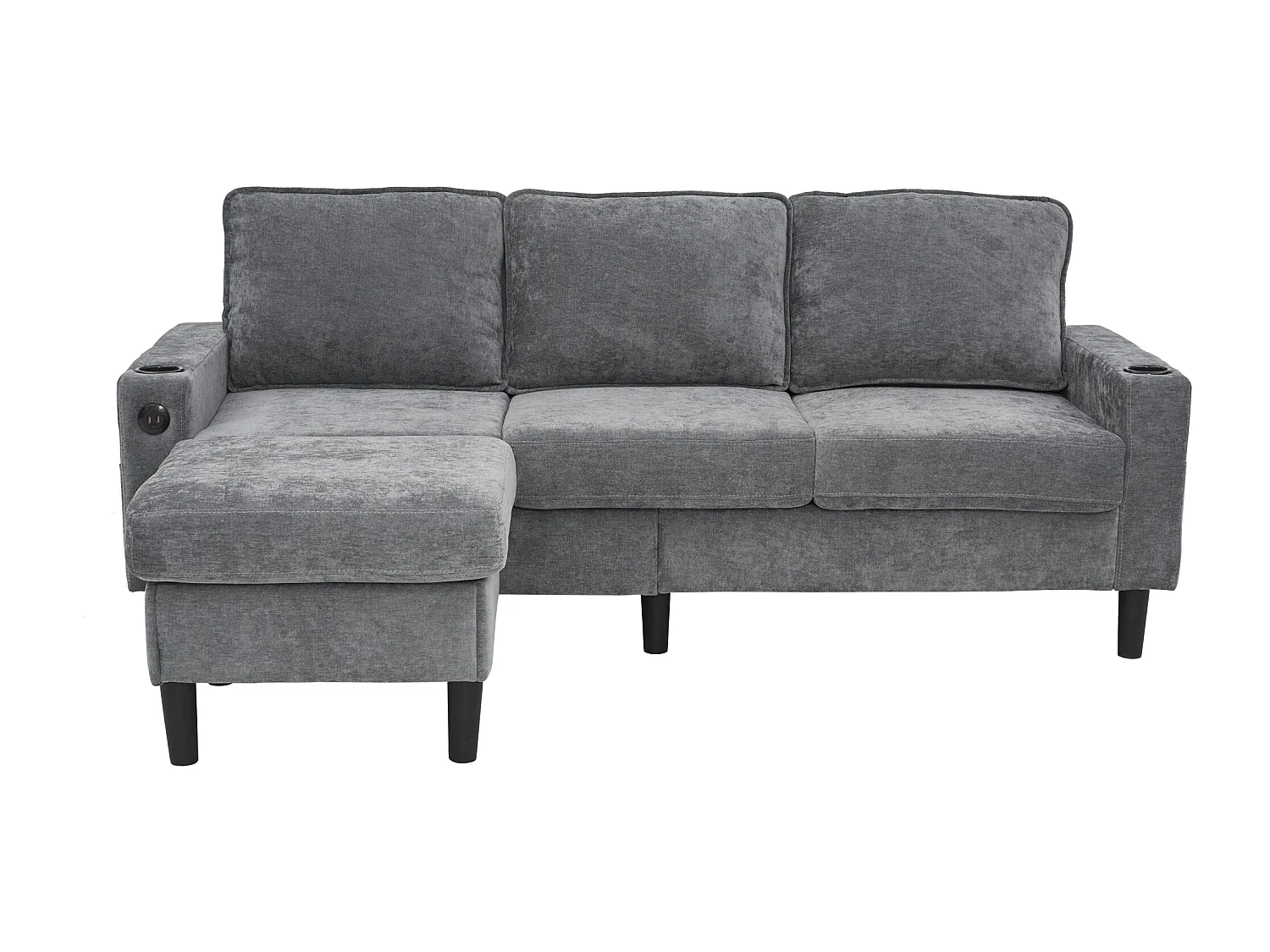 Upholstered 3-Seater Sofa - with USB and Type-C Ports - with Two Cup Holders - L-Shaped Sofa Bed - Grey