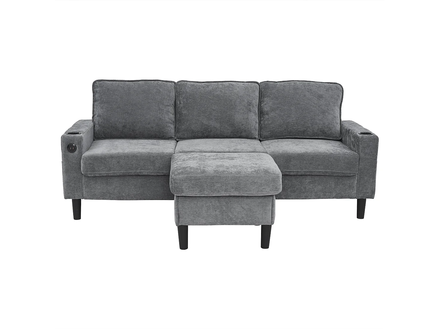 Upholstered 3-Seater Sofa - with USB and Type-C Ports - with Two Cup Holders - L-Shaped Sofa Bed - Grey