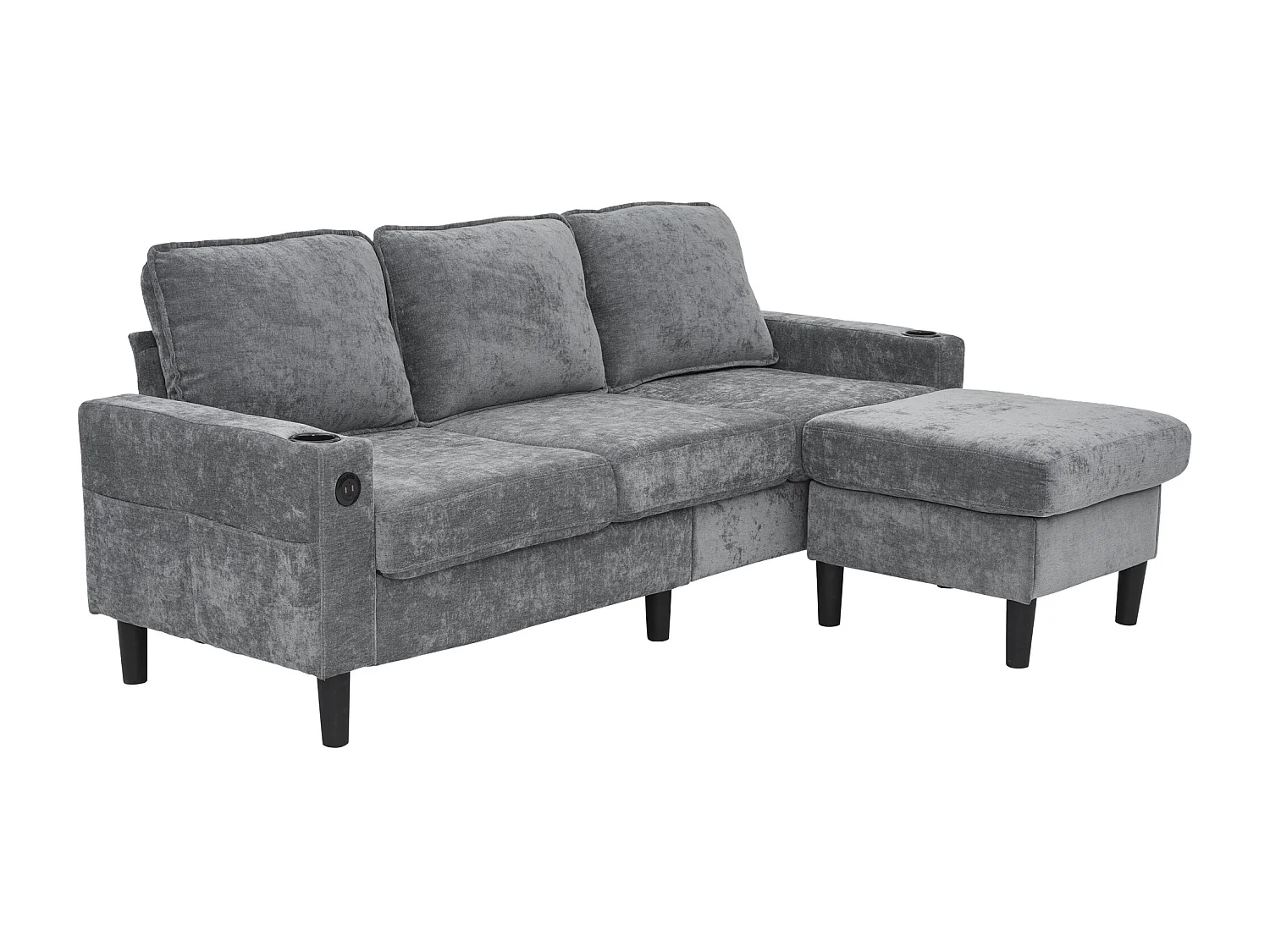 Upholstered 3-Seater Sofa - with USB and Type-C Ports - with Two Cup Holders - L-Shaped Sofa Bed - Grey