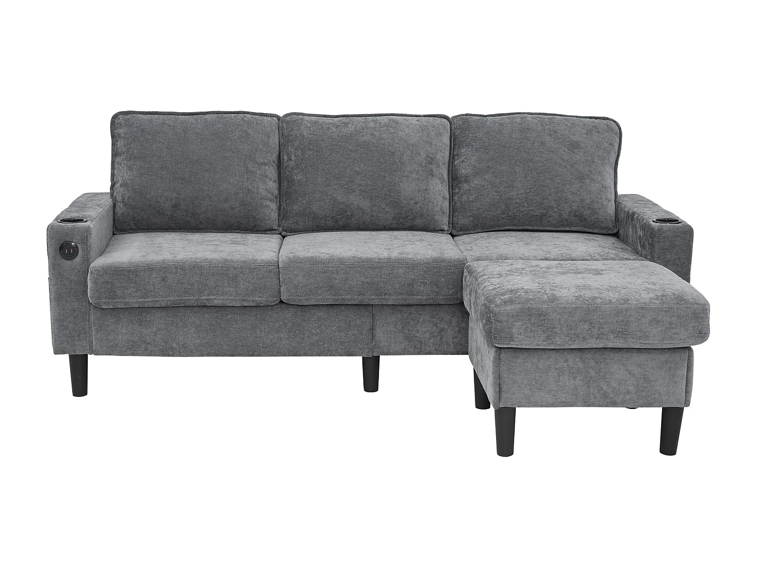 Upholstered 3-Seater Sofa - with USB and Type-C Ports - with Two Cup Holders - L-Shaped Sofa Bed - Grey