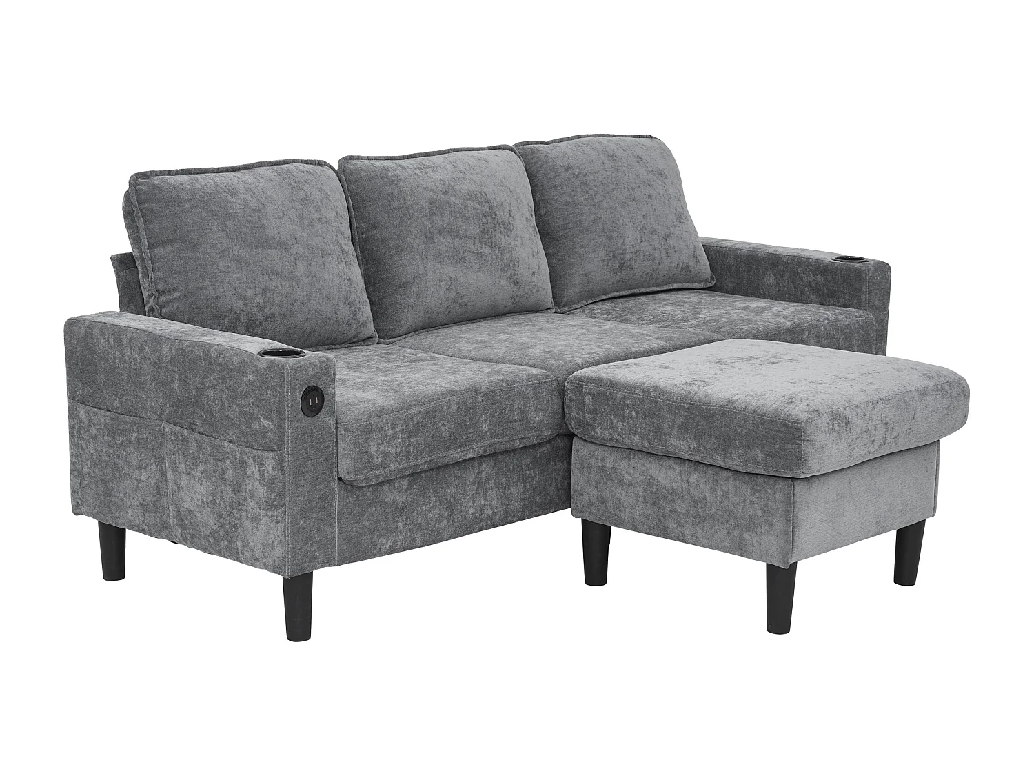 Upholstered 3-Seater Sofa - with USB and Type-C Ports - with Two Cup Holders - L-Shaped Sofa Bed - Grey