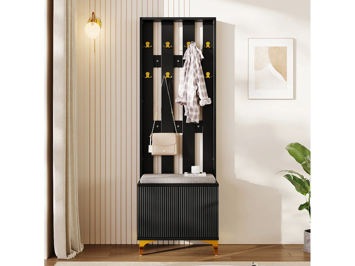 Living room wardrobe - with hooks and shoe bench - Black