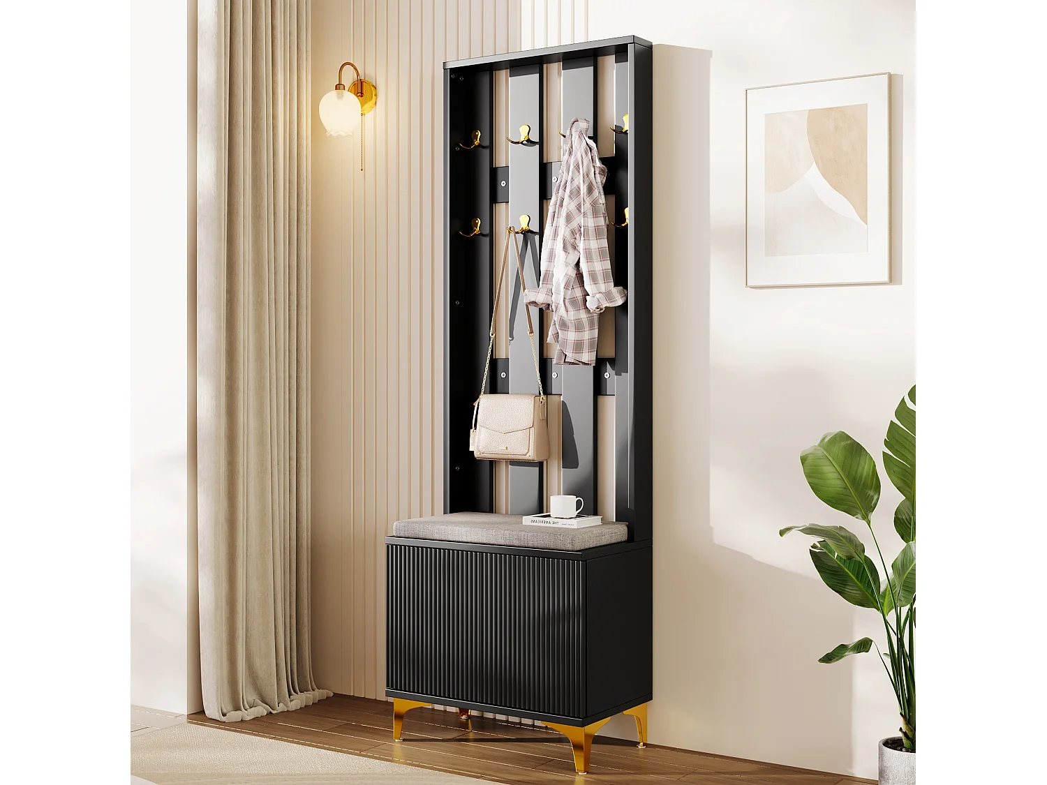 Living room wardrobe - with hooks and shoe bench - Black
