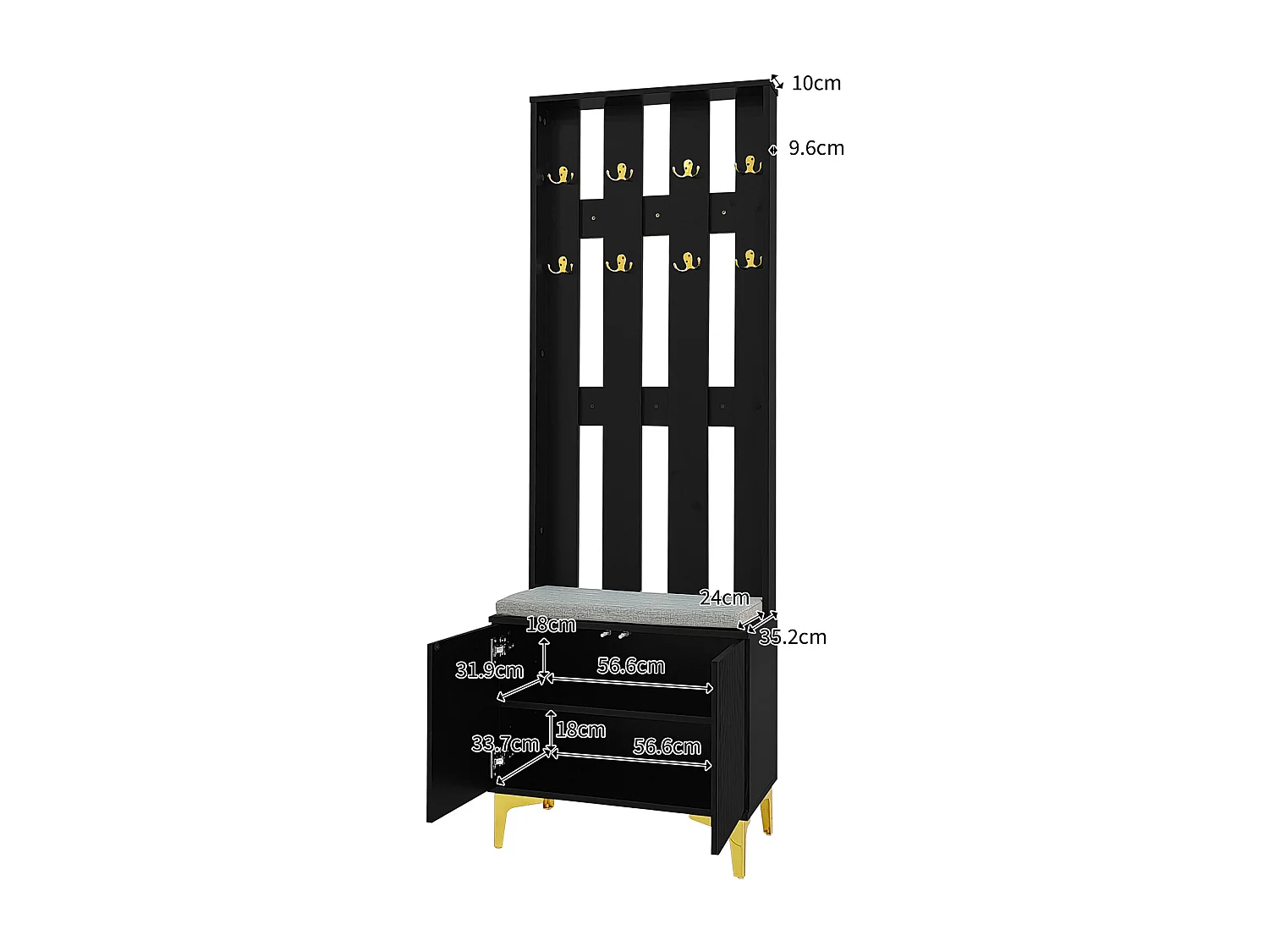 Living room wardrobe - with hooks and shoe bench - Black