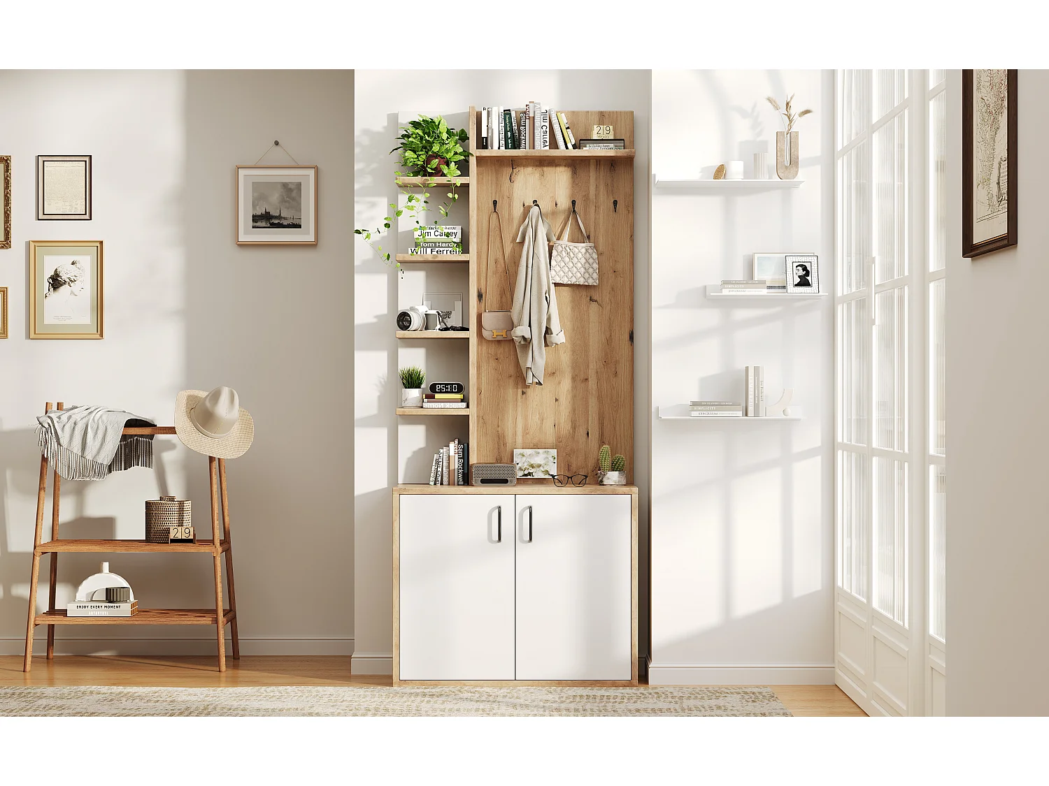 Wardrobe 75x33x180cm - with hooks and shoe cabinet - 5 compartments - 2 doors - Natural + White