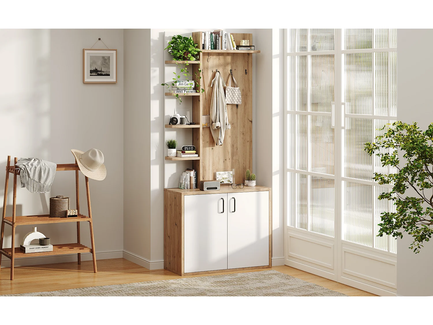 Wardrobe 75x33x180cm - with hooks and shoe cabinet - 5 compartments - 2 doors - Natural + White