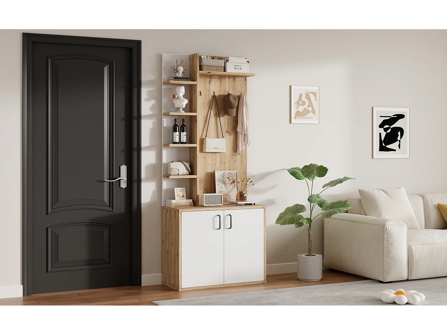 Wardrobe 75x33x180cm - with hooks and shoe cabinet - 5 compartments - 2 doors - Natural + White