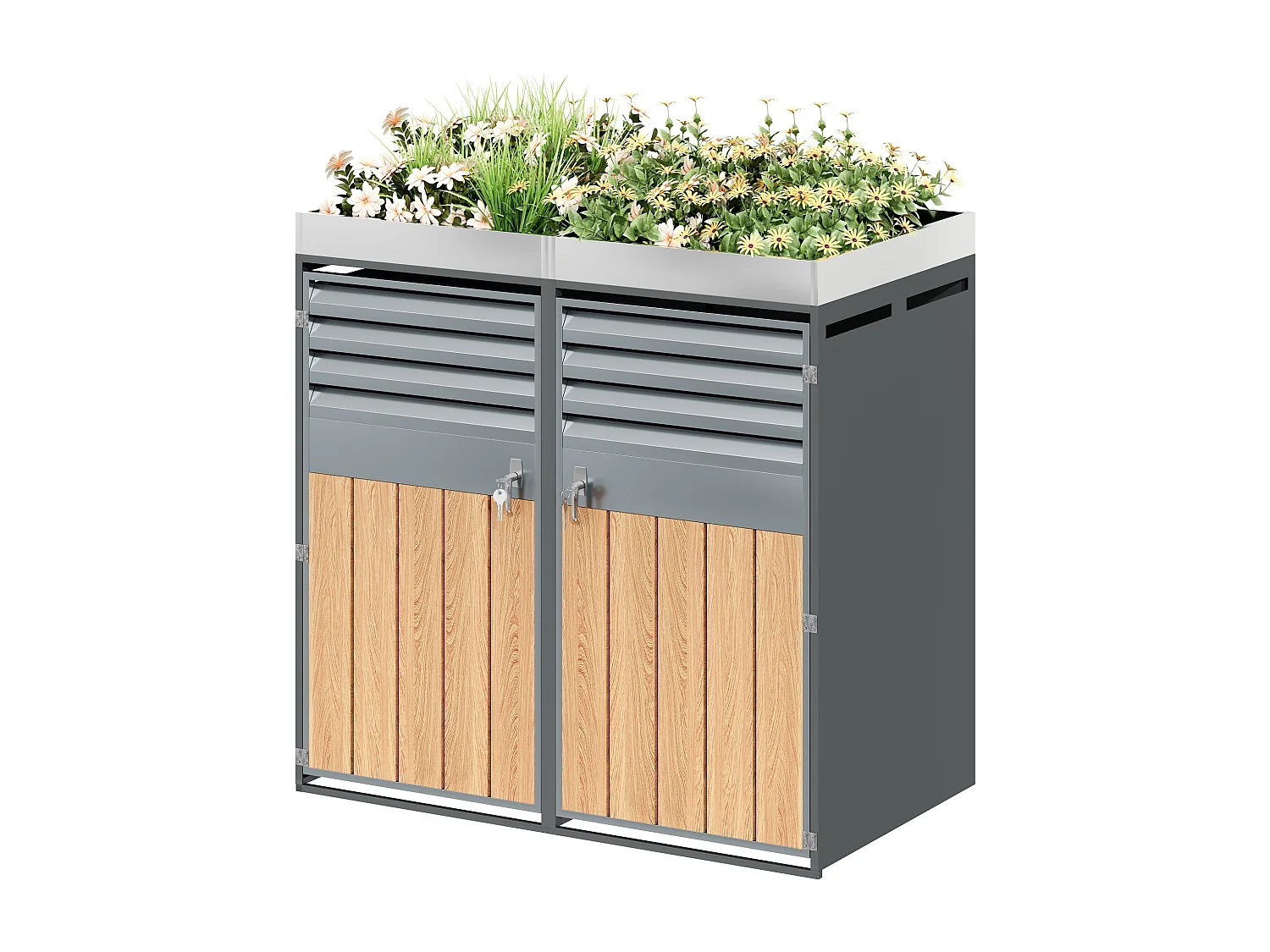Double Bin Enclosure 2x240L with Hydraulic Lid and Louvered Doors - Galvanized Steel with Wood Finish - Double Opening - Grey