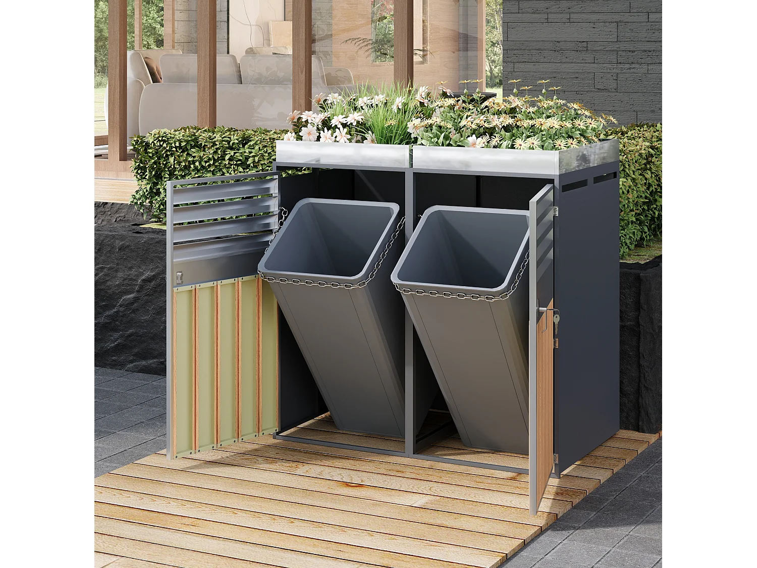 Double Bin Enclosure 2x240L with Hydraulic Lid and Louvered Doors - Galvanized Steel with Wood Finish - Double Opening - Grey