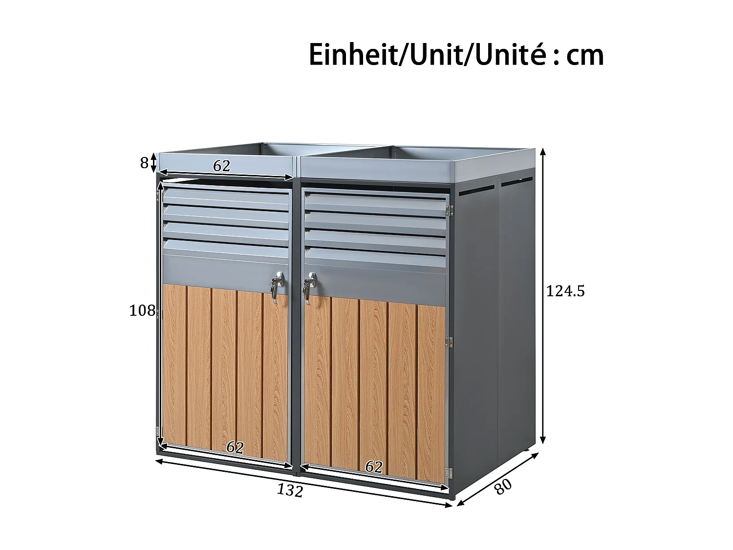 Double Bin Enclosure 2x240L with Hydraulic Lid and Louvered Doors - Galvanized Steel with Wood Finish - Double Opening - Grey