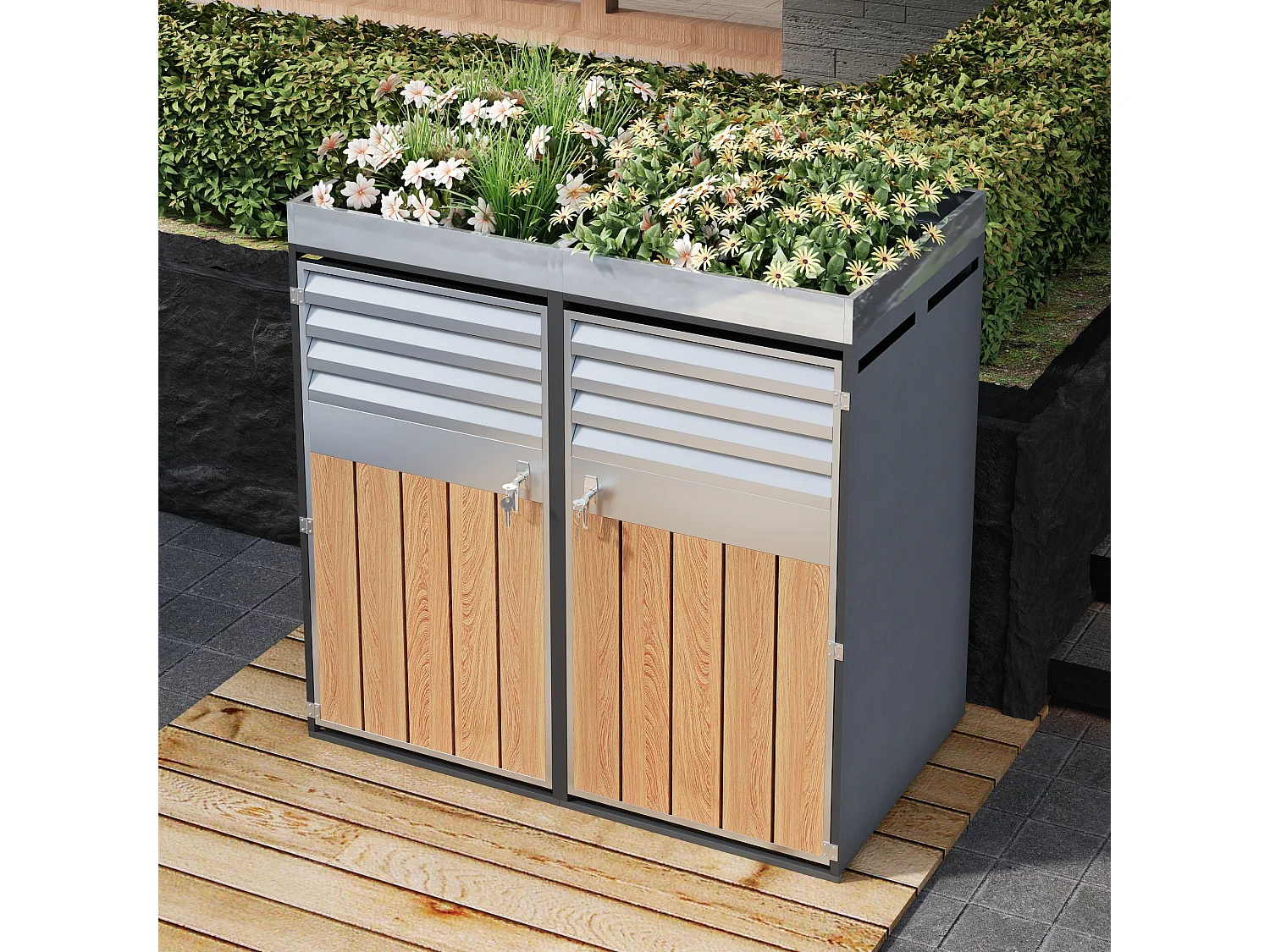 Double Bin Enclosure 2x240L with Hydraulic Lid and Louvered Doors - Galvanized Steel with Wood Finish - Double Opening - Grey