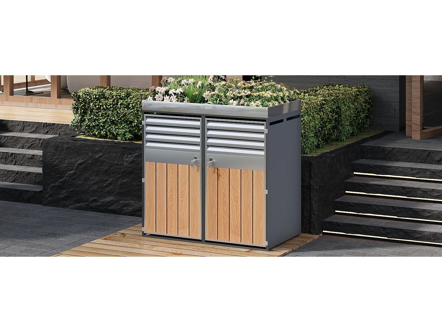 Double Bin Enclosure 2x240L with Hydraulic Lid and Louvered Doors - Galvanized Steel with Wood Finish - Double Opening - Grey