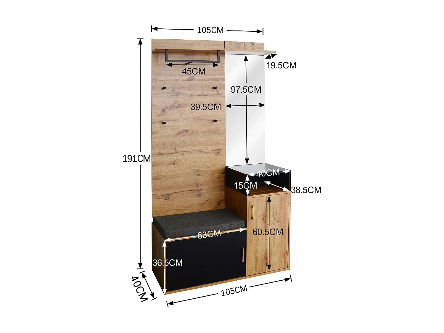 Entryway coat rack with mirror and shoe cabinet - Height 190cm - Natural & Black
