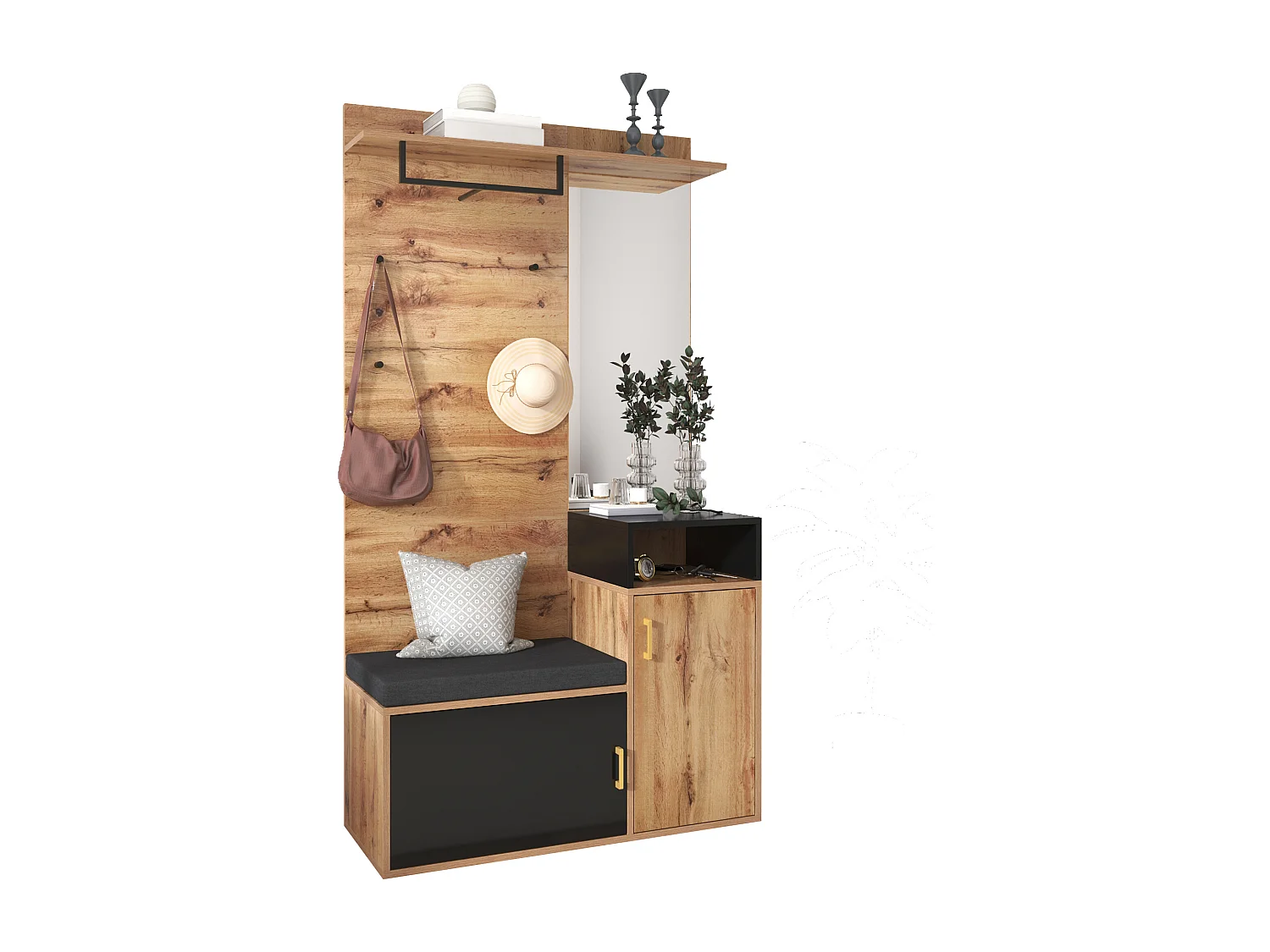 Entryway coat rack with mirror and shoe cabinet - Height 190cm - Natural & Black