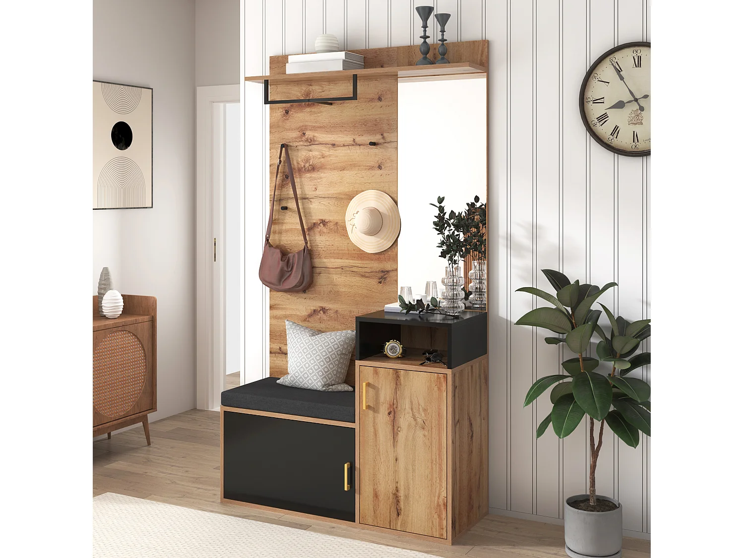 Entryway coat rack with mirror and shoe cabinet - Height 190cm - Natural & Black