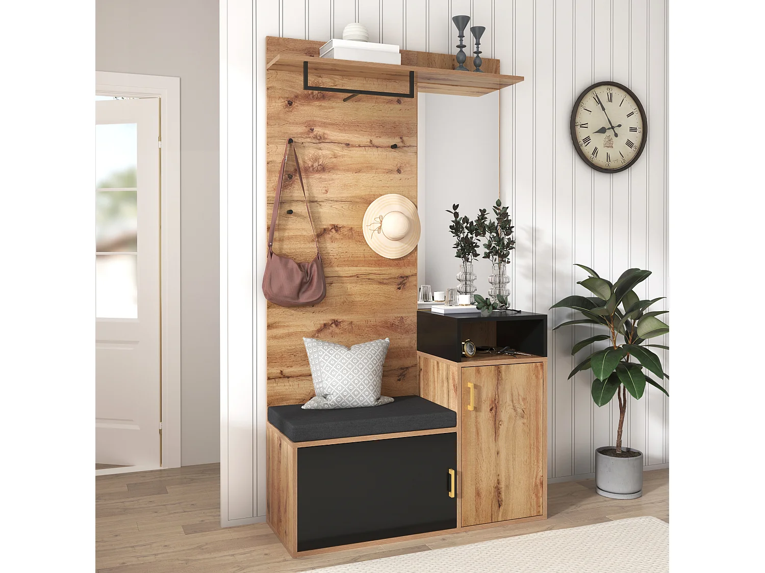 Entryway coat rack with mirror and shoe cabinet - Height 190cm - Natural & Black